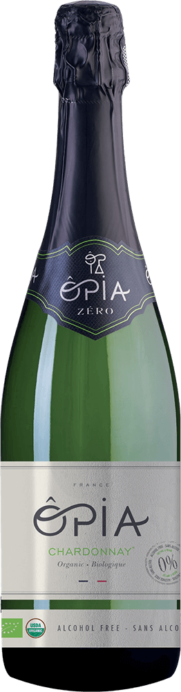 Opia Chardonnay Sparkling White bottle shot and sparkling wine label front