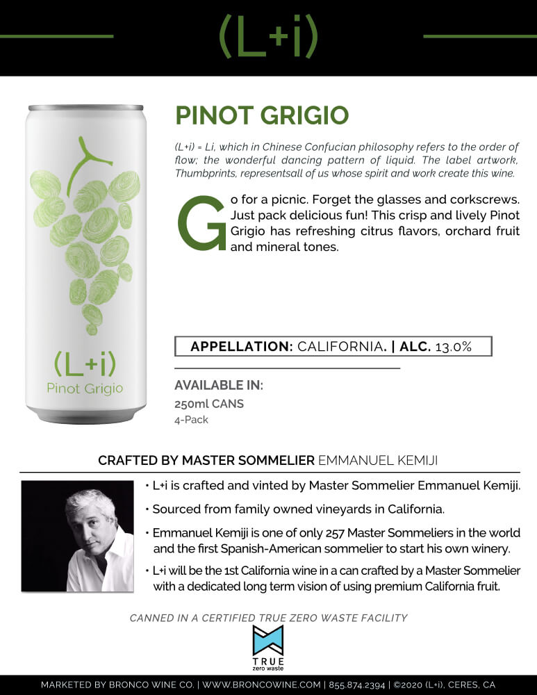 L+i wine brand Pinot Grigio canned wine tech sheet sample