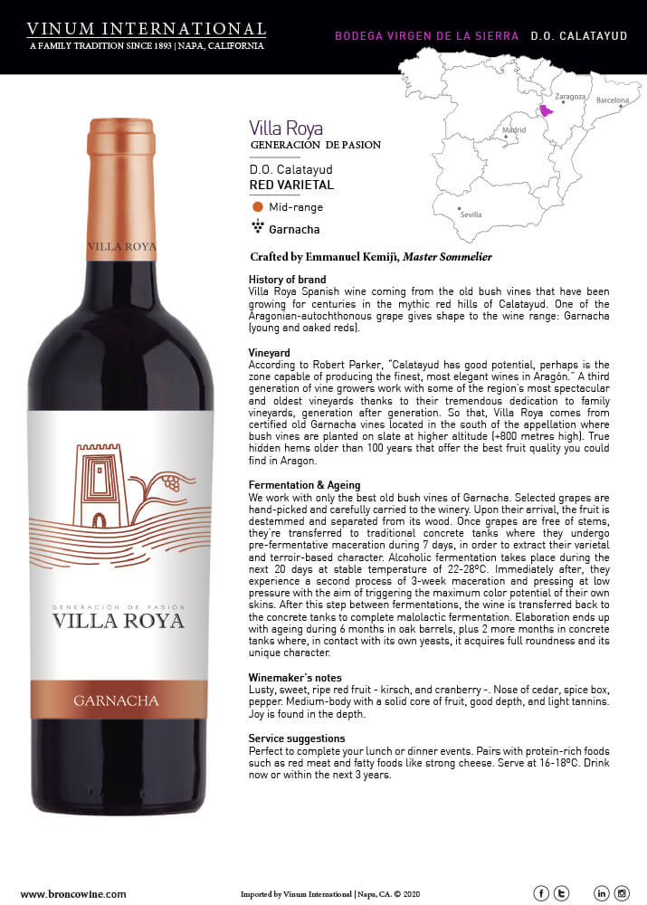 Villa Roya Garnacha tech sheet sample