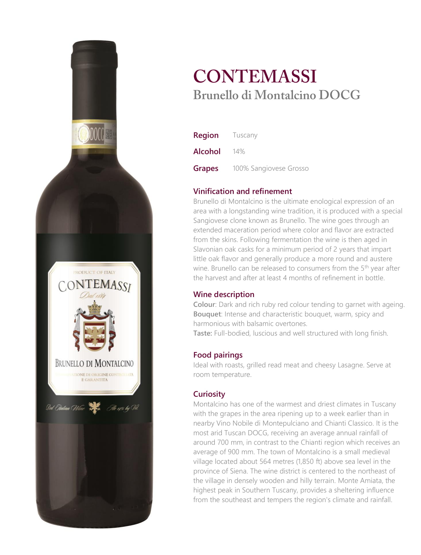 Contemassi Brunello di Montalcino tech sheet sample