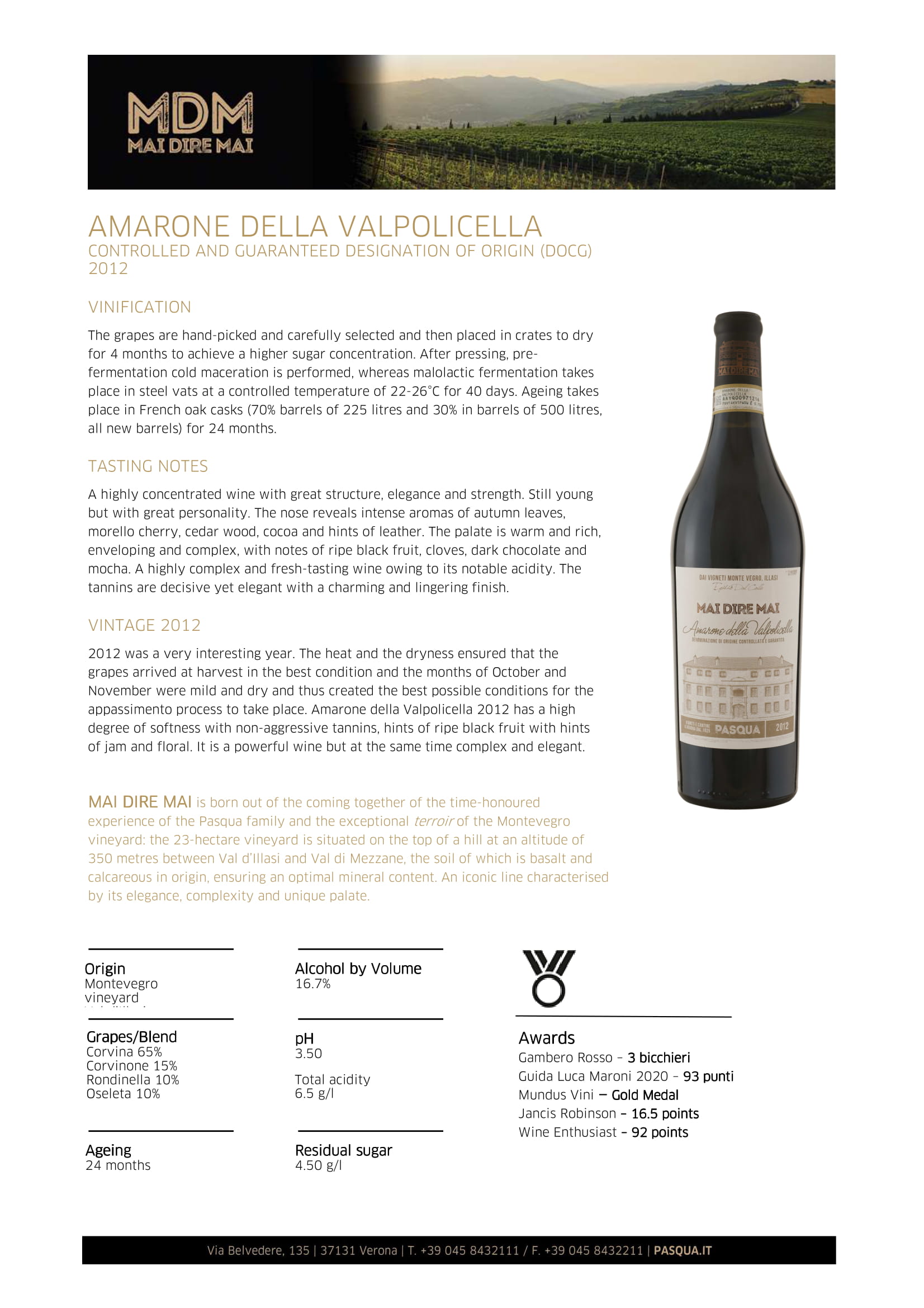 Mai Dire Mai Amarone della Valpolicella tech sheet sample