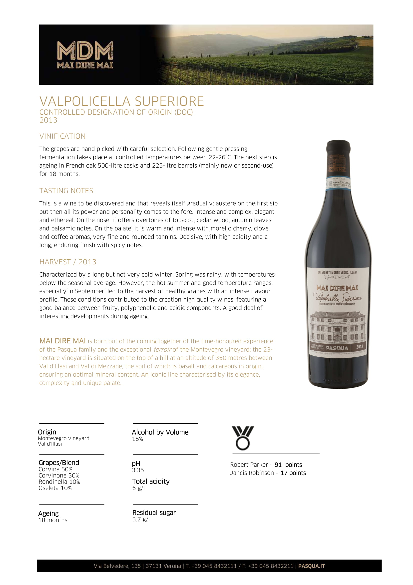 Mai Dire Mai wine brand Valpolicella Superior tech sheet sample