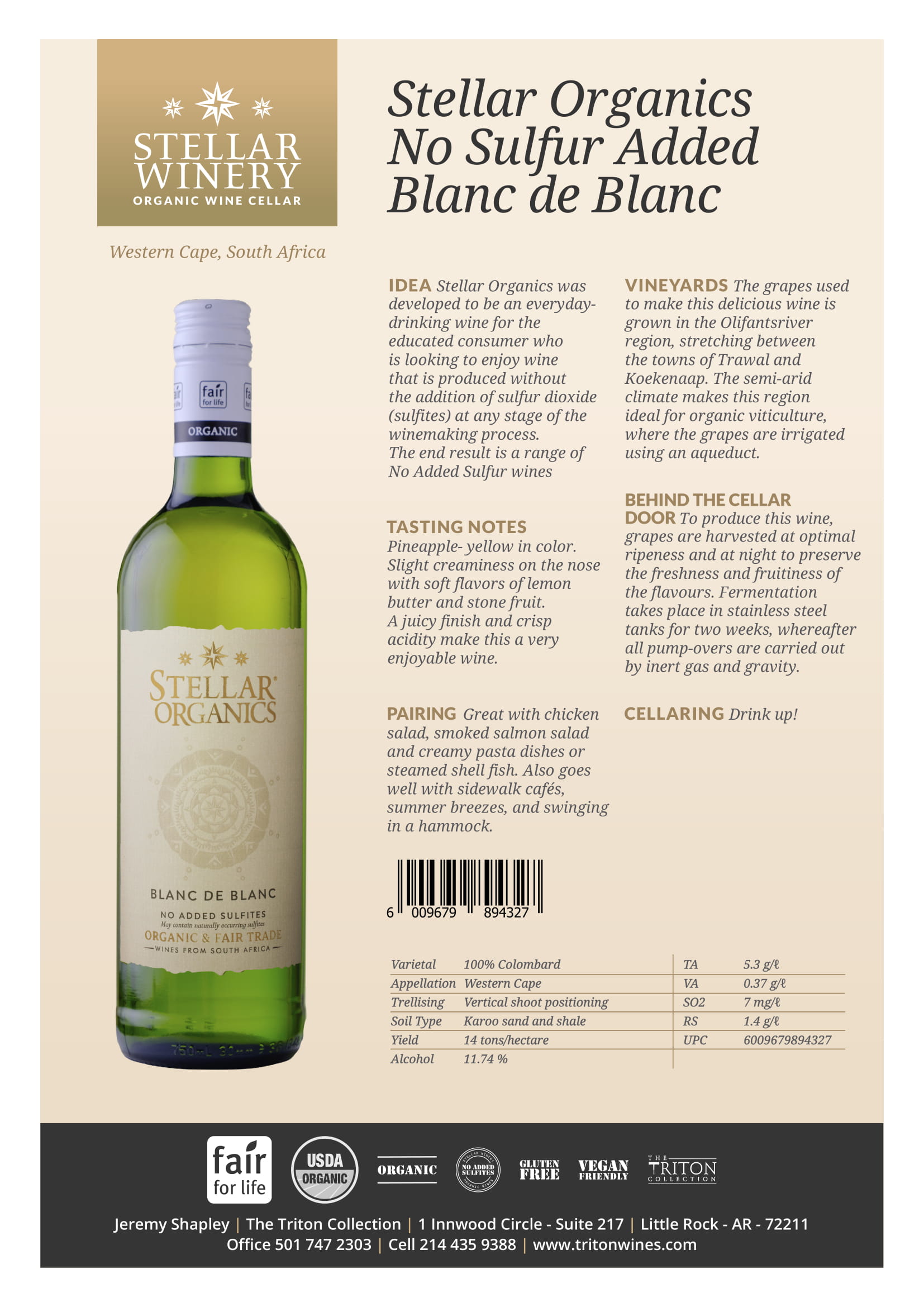 Stellar Organics wine brand Blanc be Blanc tech sheet sample