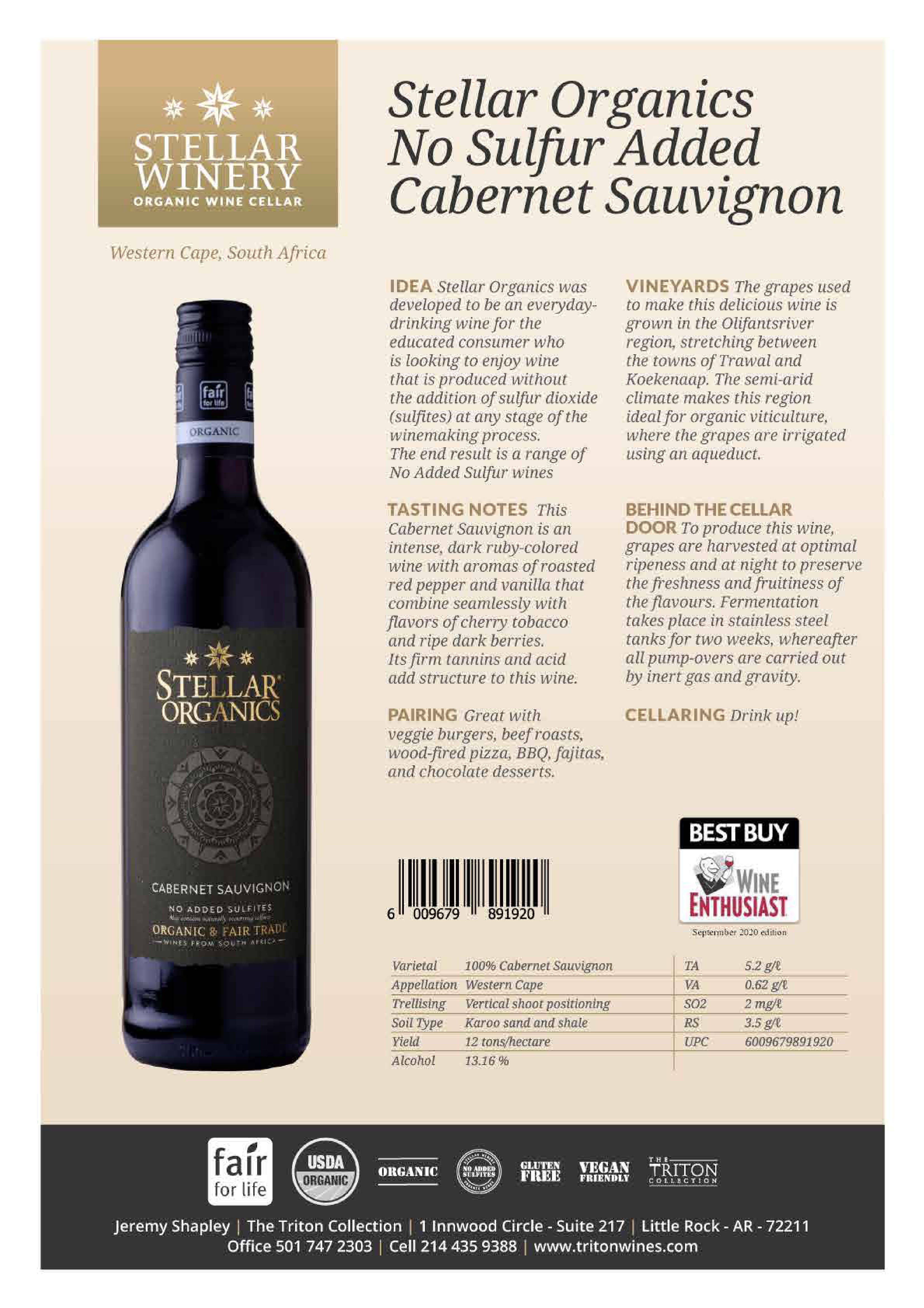 Stellar Organics Cabernet Sauvignon wine tech sheet sample