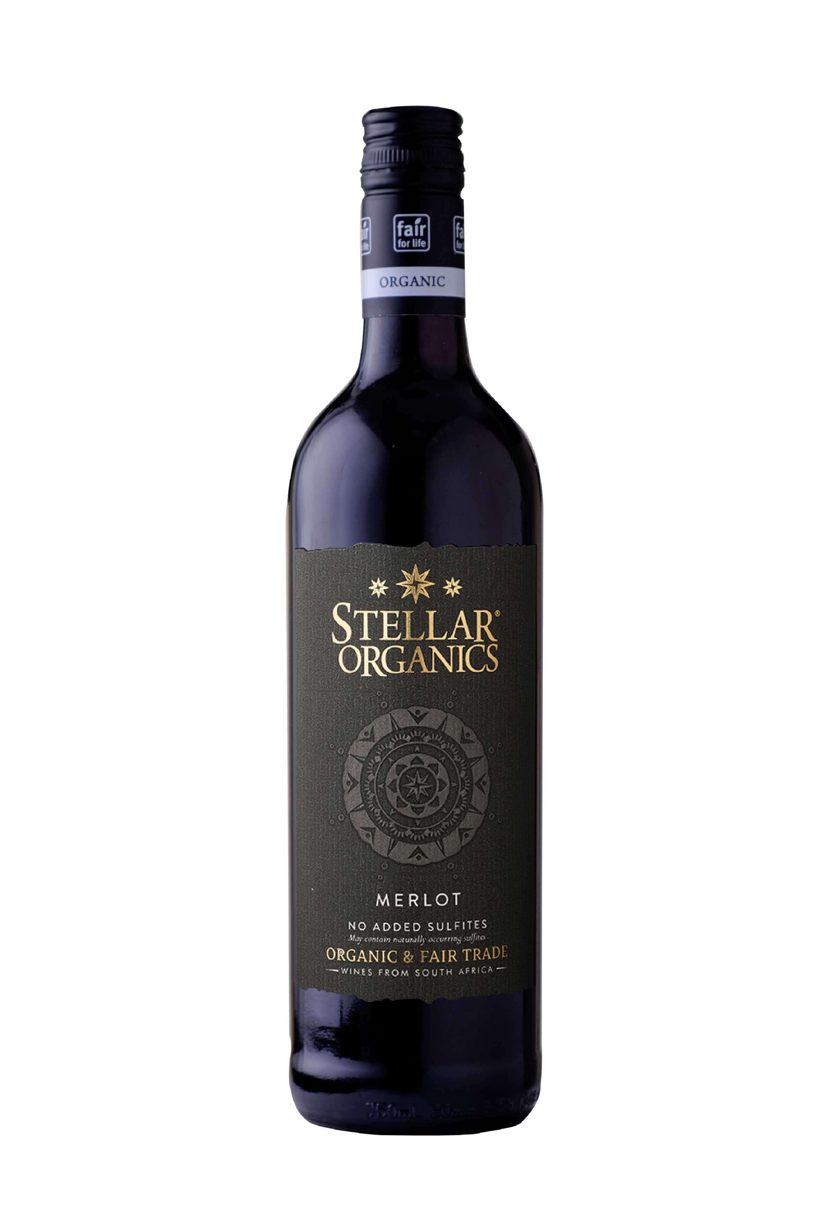 Stellar Organics Merlot wine bottle and wine capsule with front label