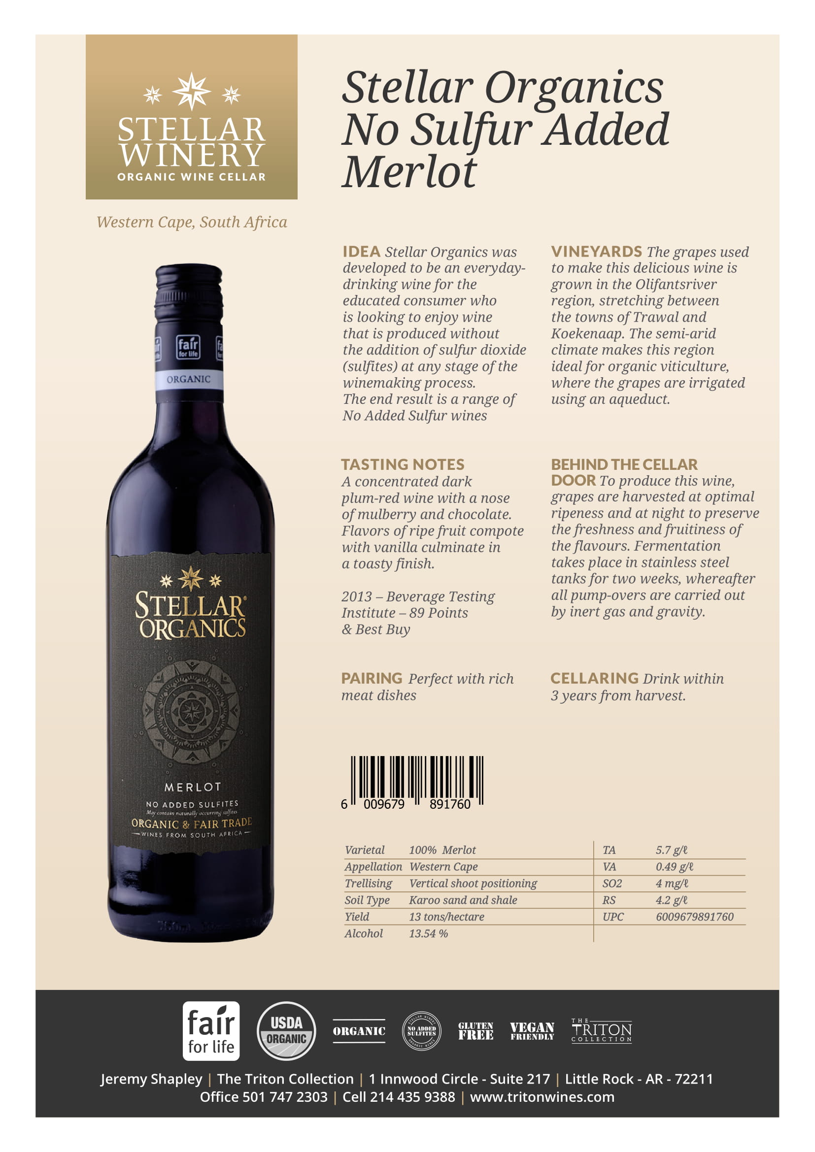 Stellar Organics Merlot wine tech sheet sample