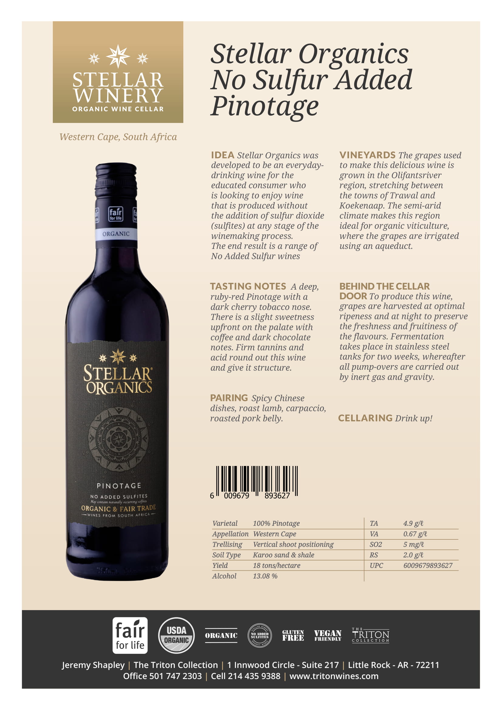Stellar Organics Pinotage wine tech sheet sample