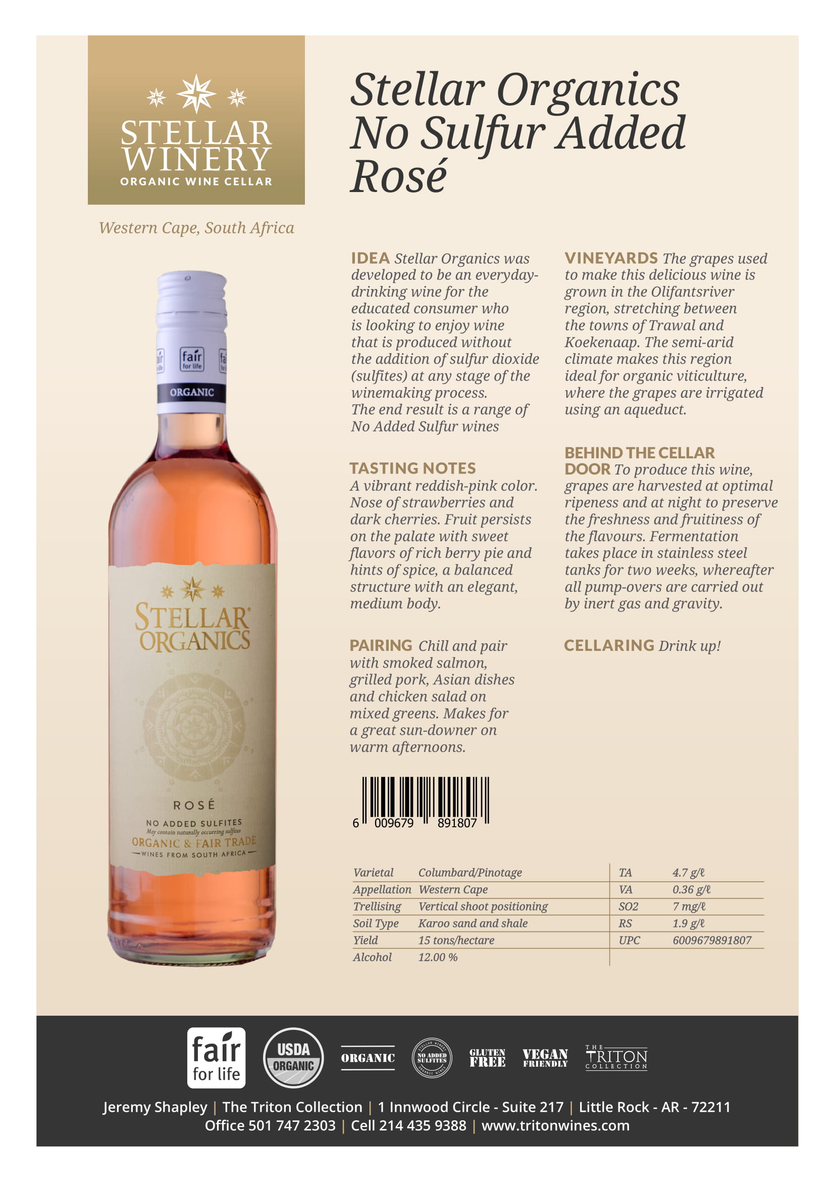Stellar Organics wine brand Rosé tech sheet sample