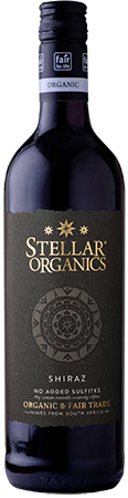 Stellar Organics Shiraz wine bottle and front wine label