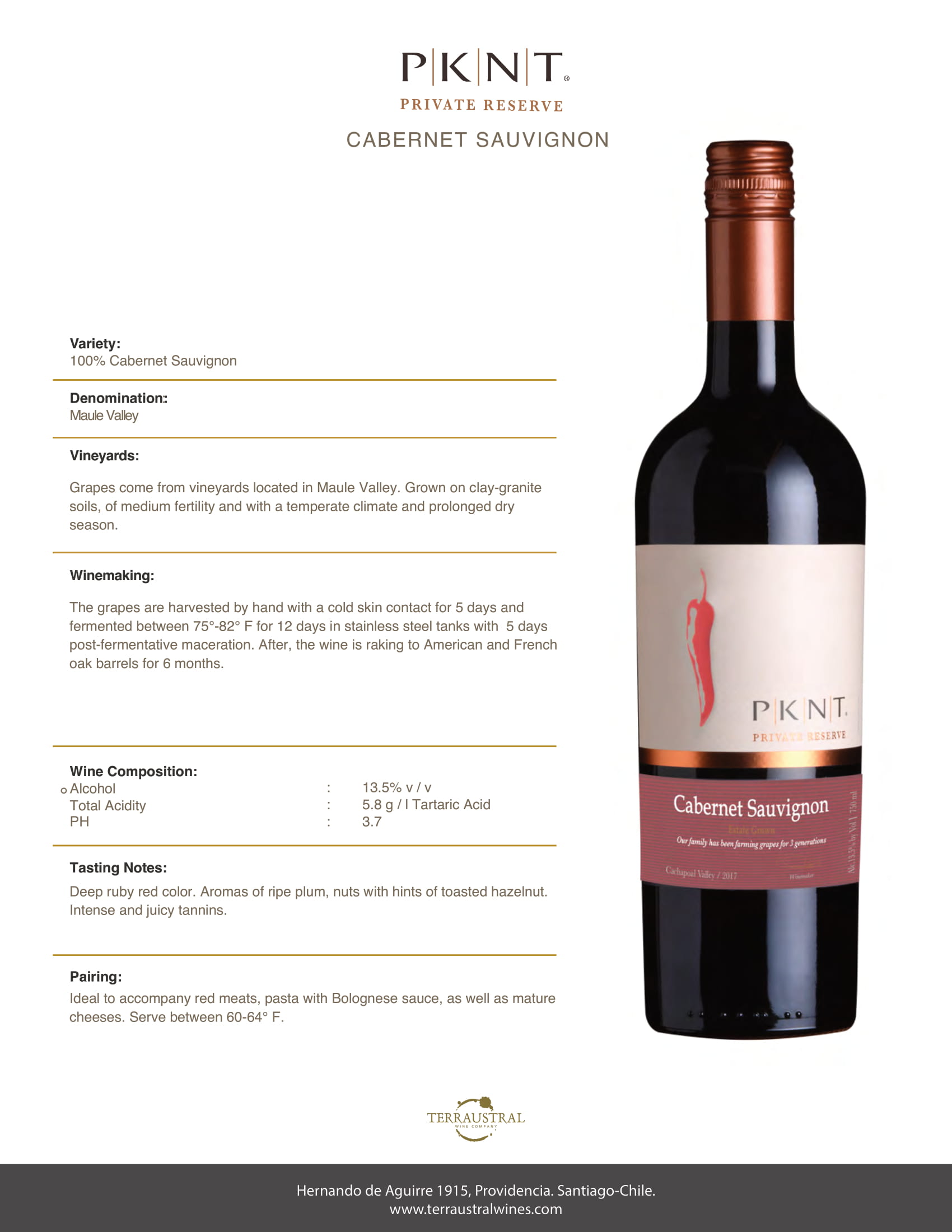 PKNT Reserve Cabernet Sauvignon wine tech sheet sample