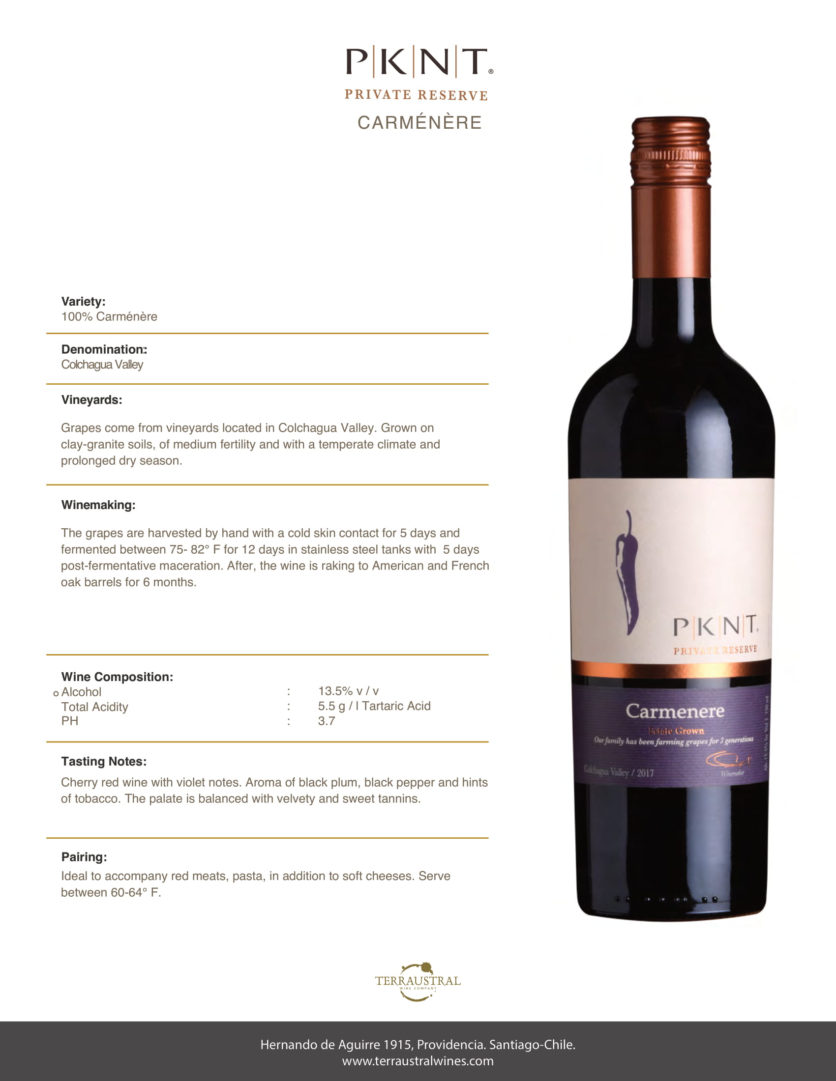 PKNT Carménère Reserve wine tech sheet sample