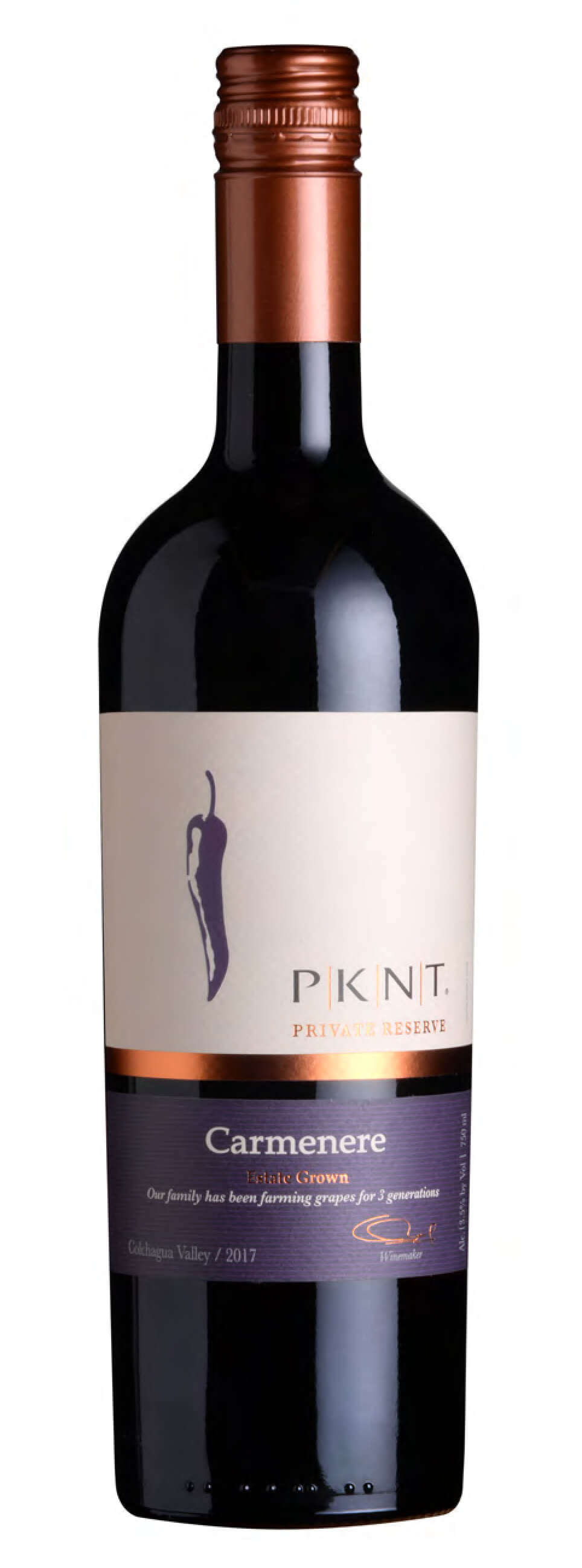 PKNT Reserve Carménère wine bottle, label and capsule front view