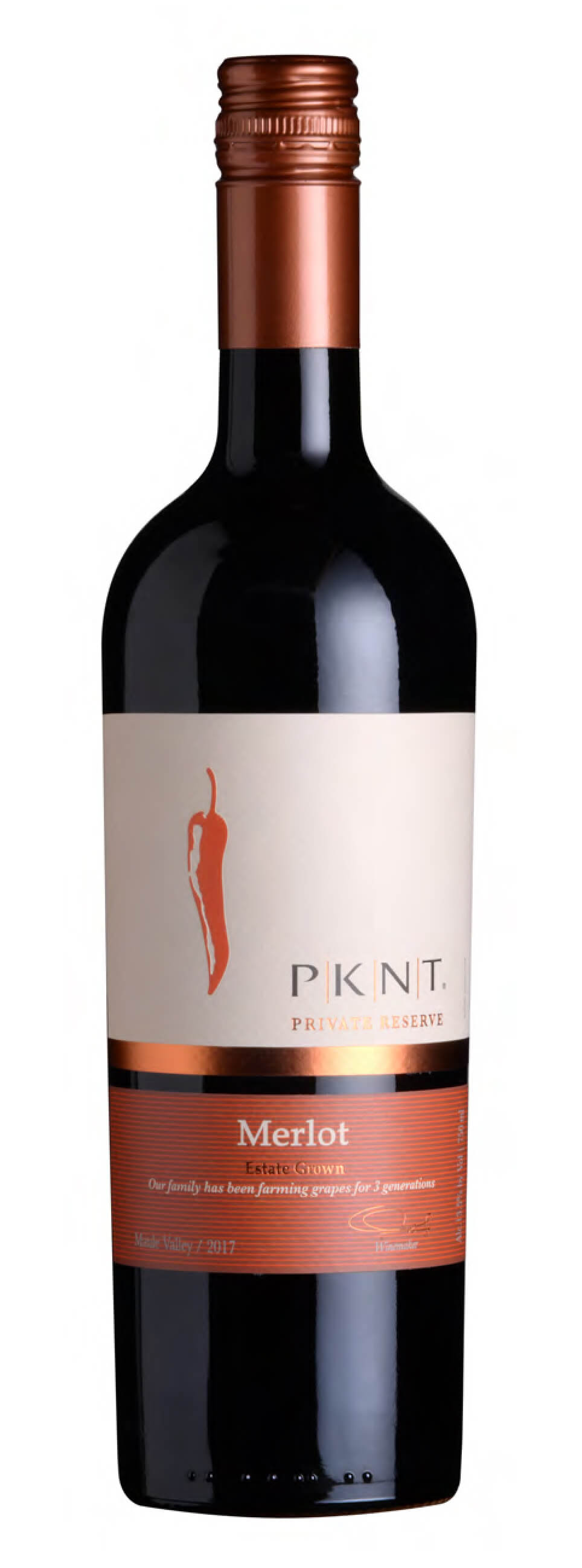 PKNT Merlot Reserve wine bottle front view with label and capsule in view