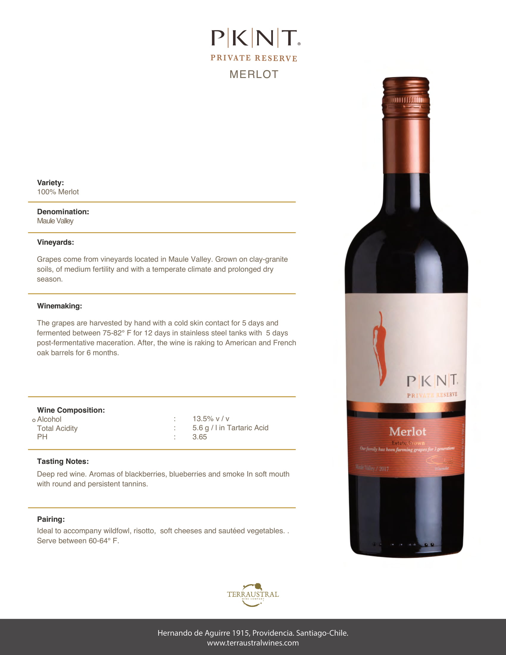 PKNT Reserve Merlot wine tech sheet sample