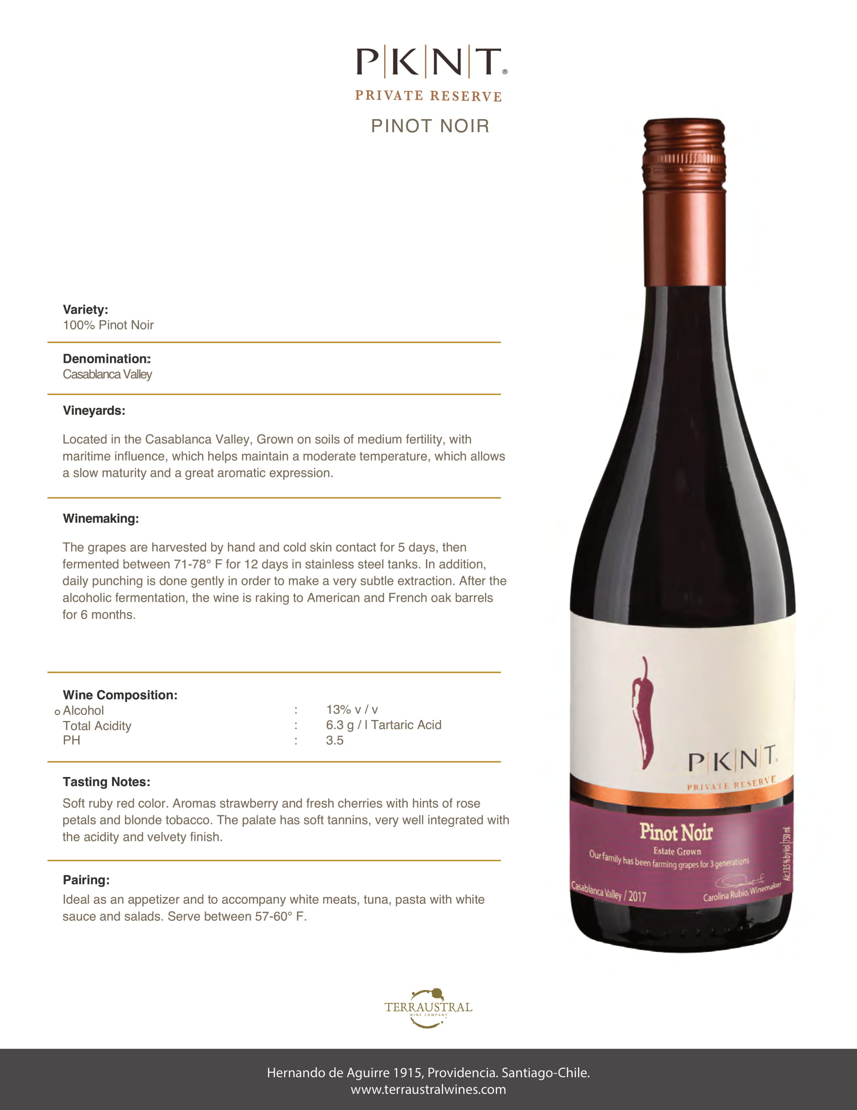 PKNT Reserve Pinot Noir tech sheet sample