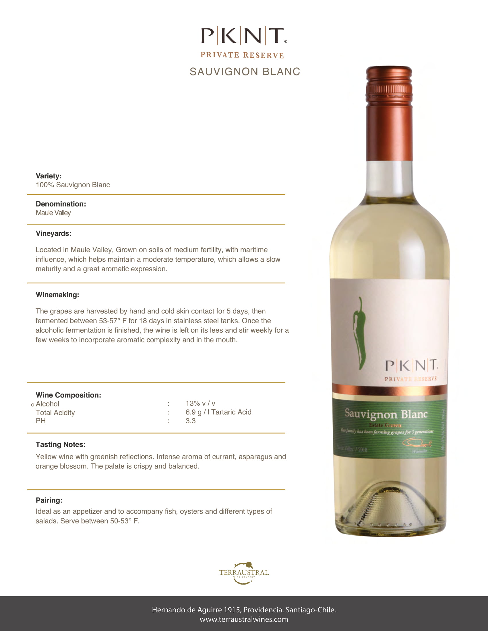 PKNT Sauvignon Blanc wine tech sheet sample