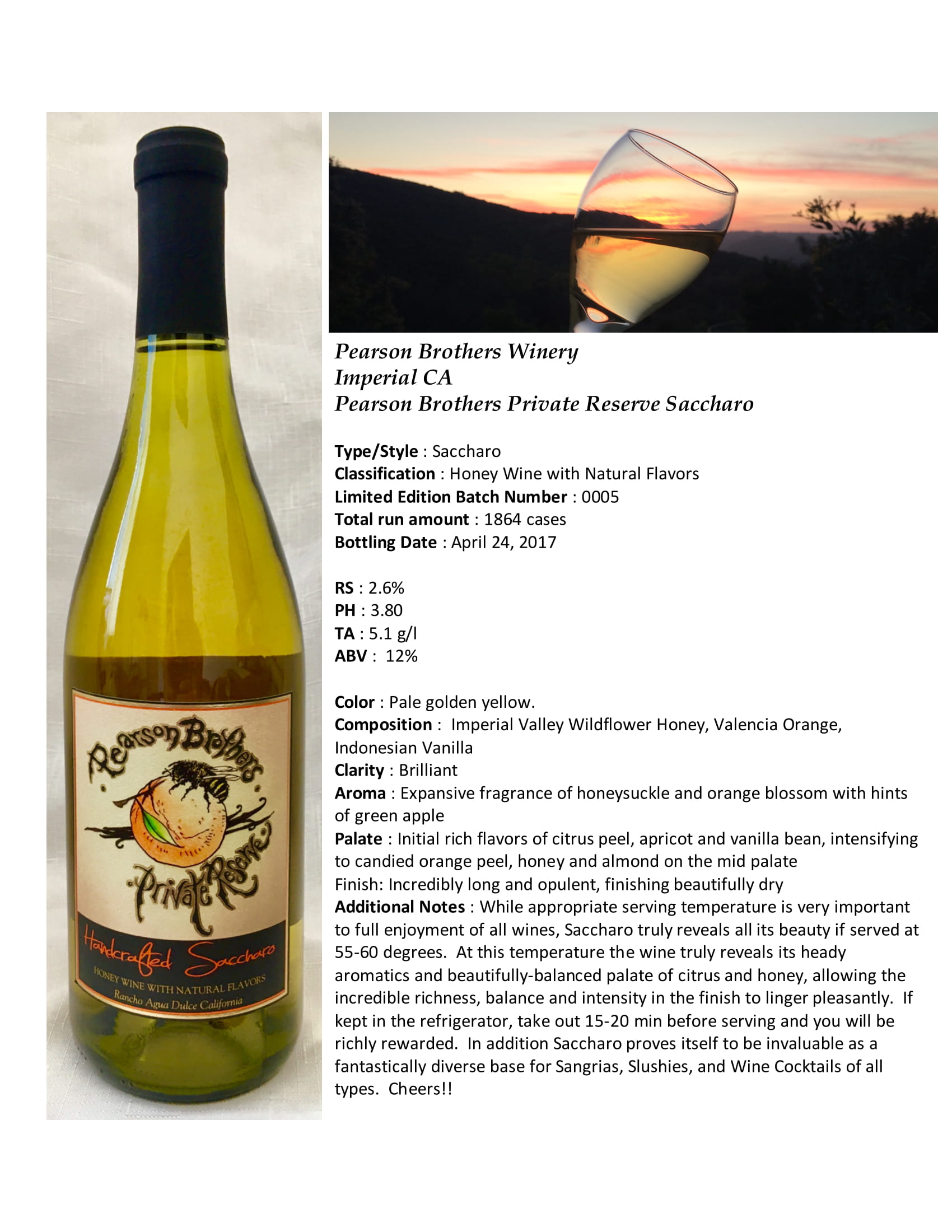 Pearson Brothers Private Reserve Saccharo wine tech sheet sample