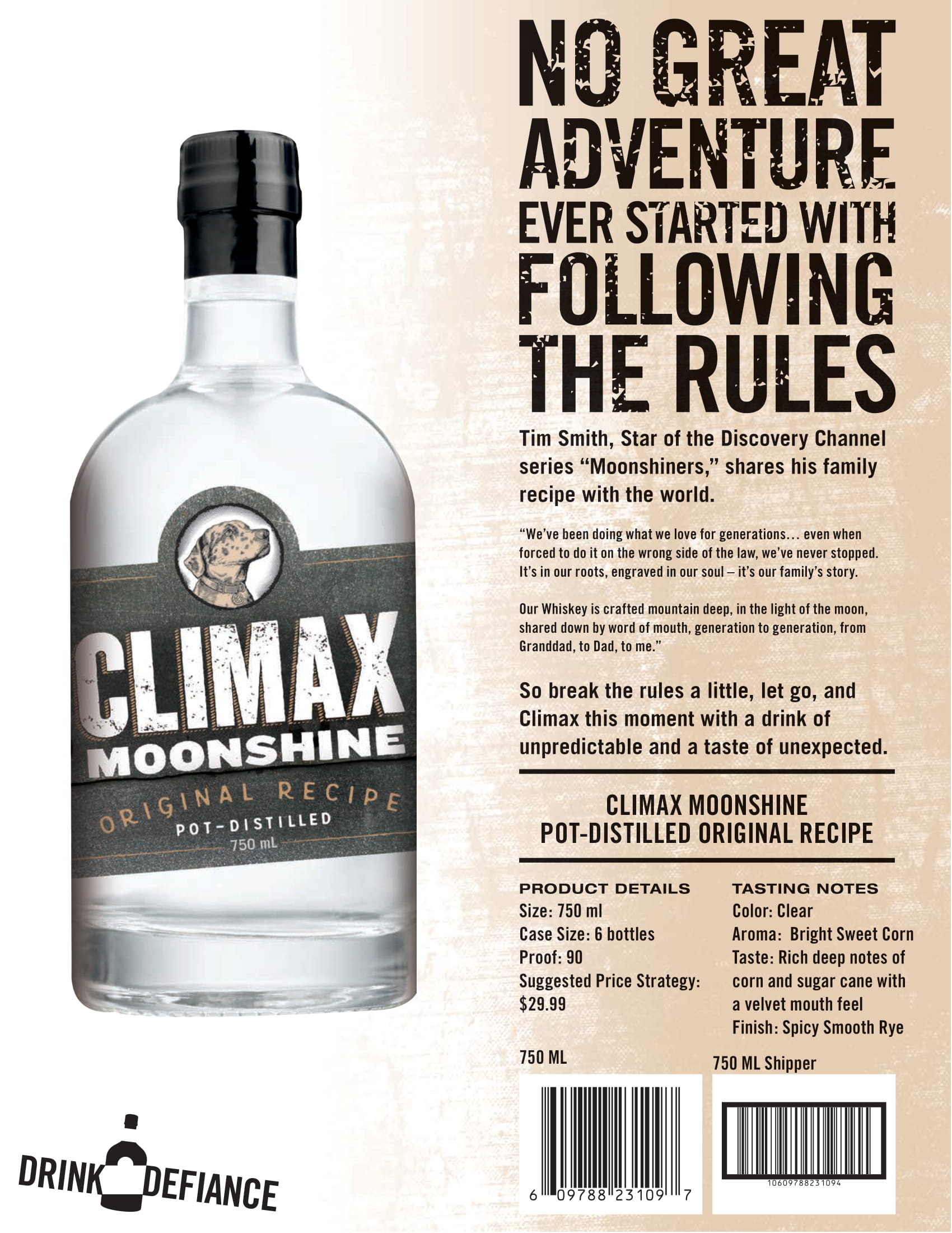 Climax brand Original Moonshine tech sheet sample