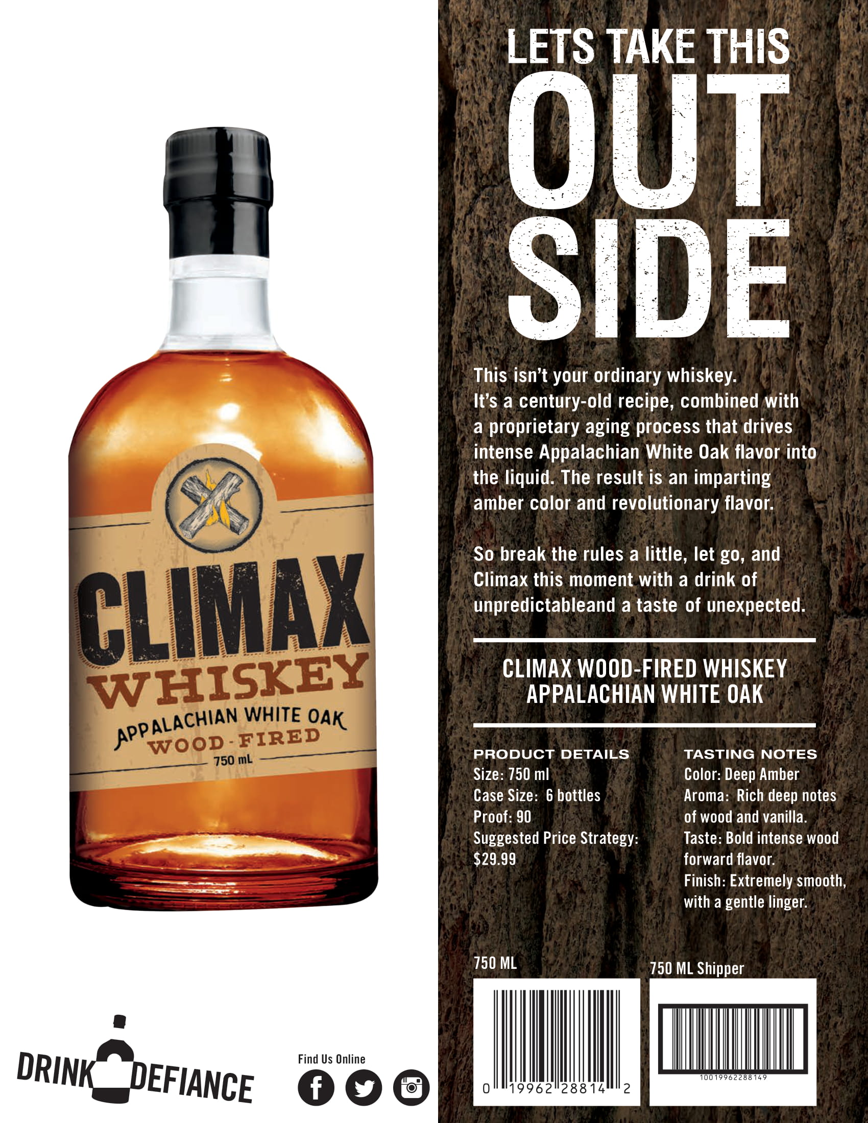 Climax brand Wood-Fired Whiskey tech sheet sample