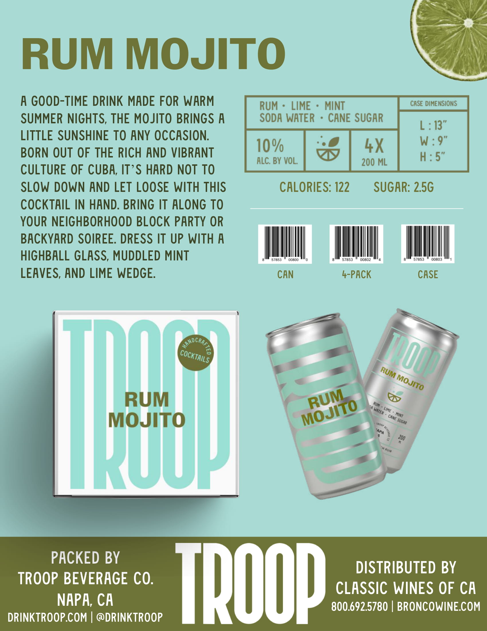 Troop Cocktails Rum Mojito tech sheet sample