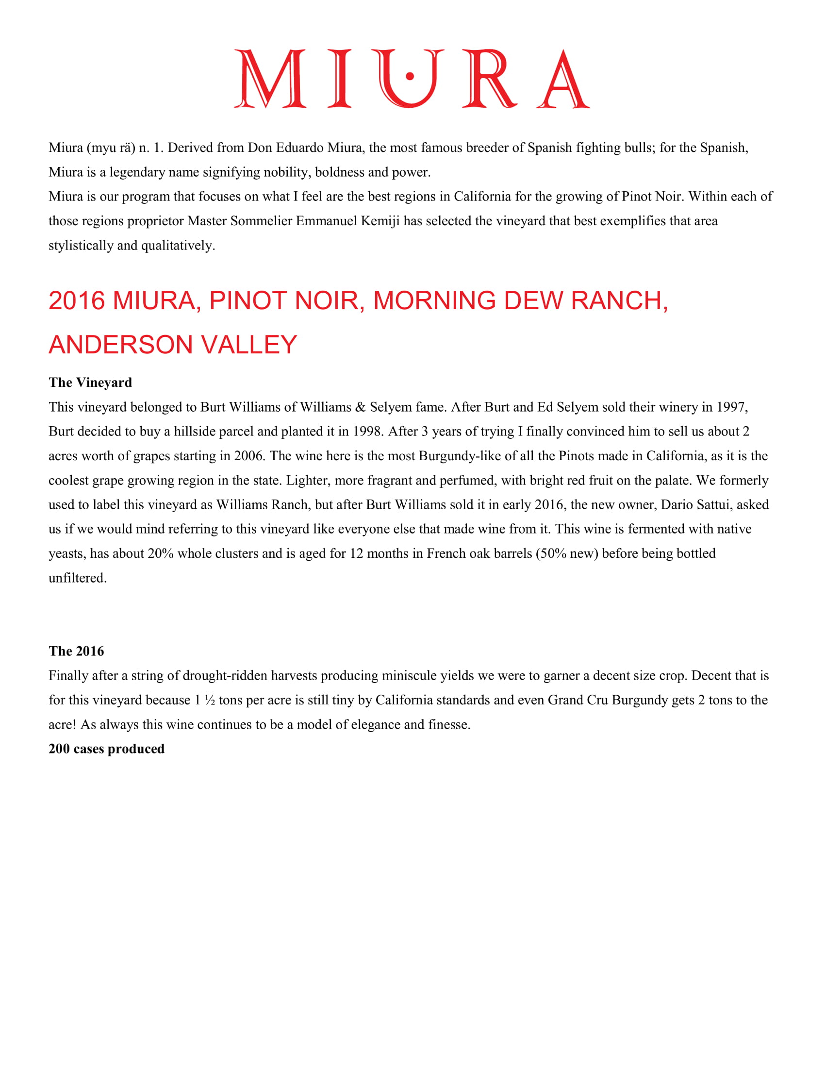 Miura Vineyards Morning Dew Ranch Pinot Noir wine tech sheet sample