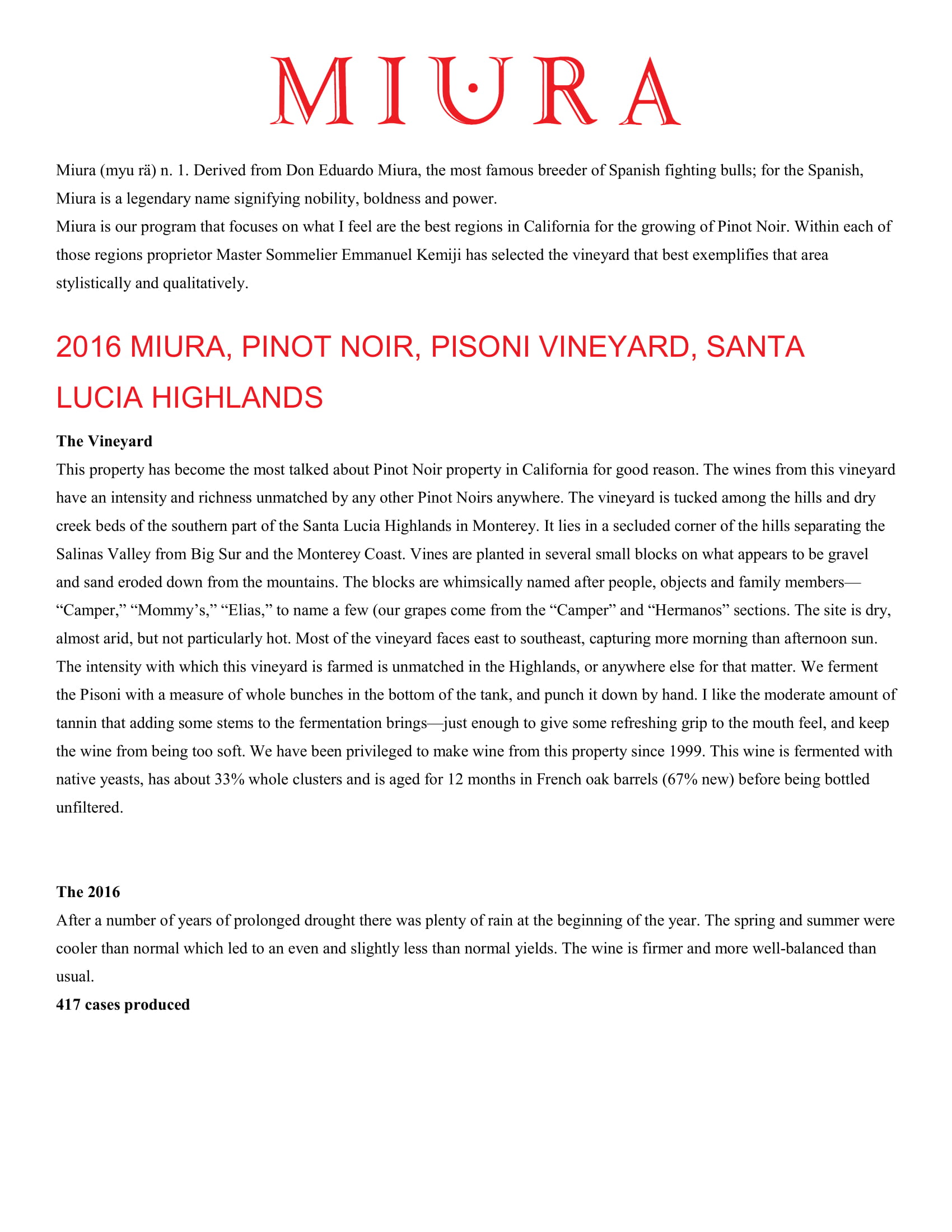 Miura Vineyards Pisoni Vineyard Pinot Noir wine tech sheet sample