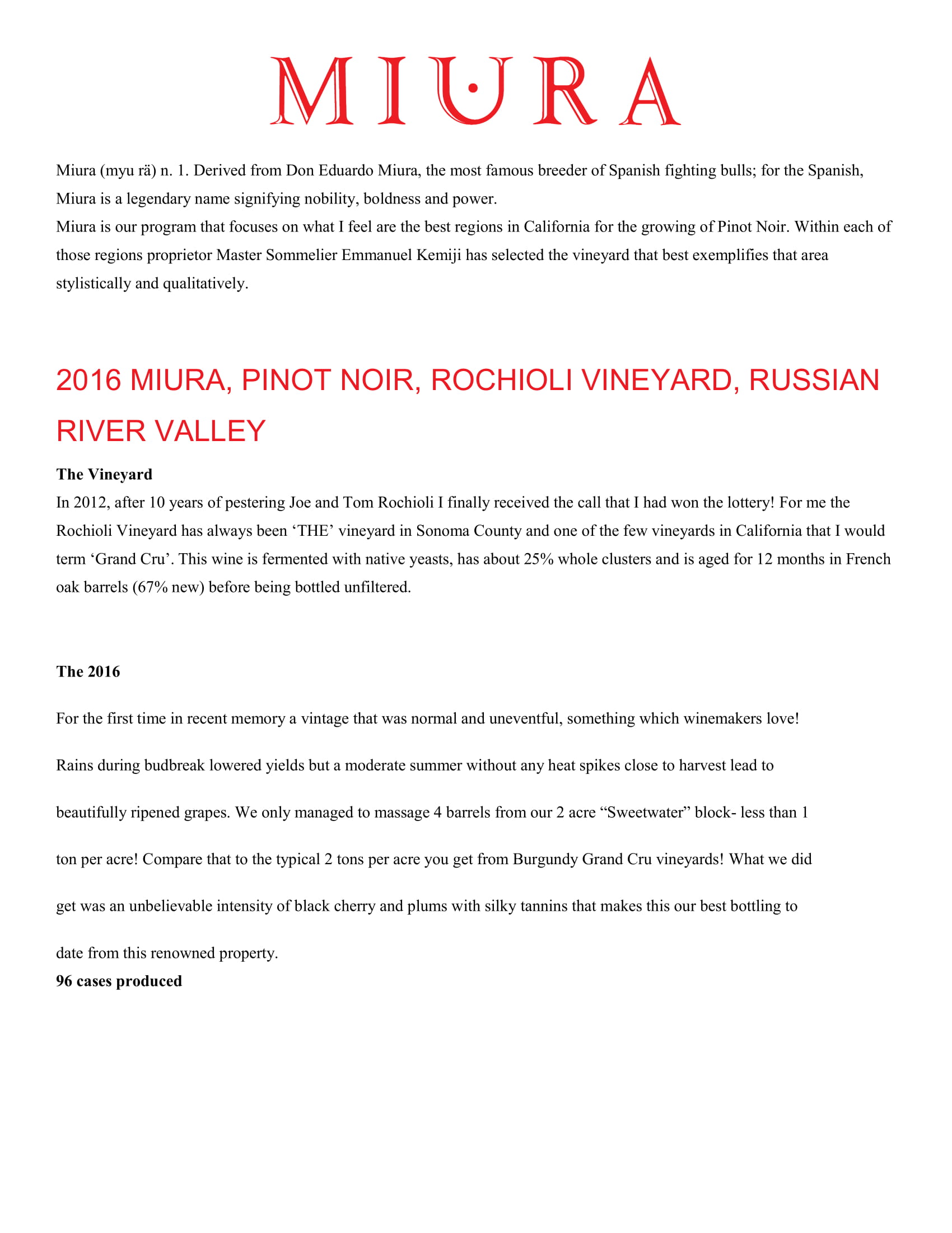 Miura Vineyards Rochioli Vineyards Pinot Noir wine tech sheet sample