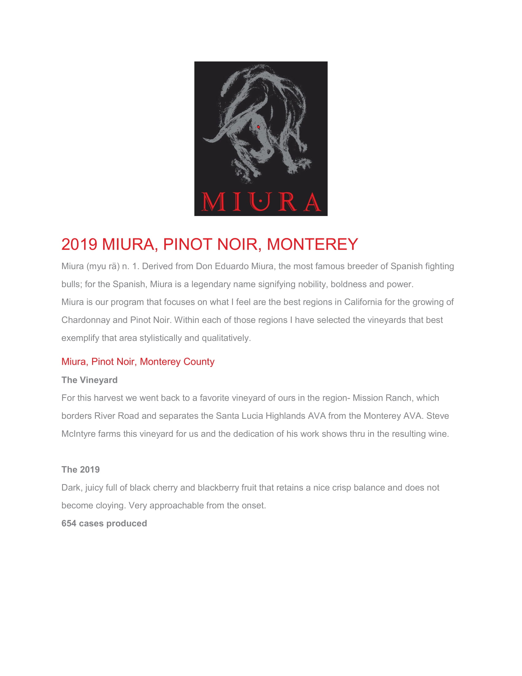 Miura Vineyards Monterey County Pinot Noir tech sheet sample