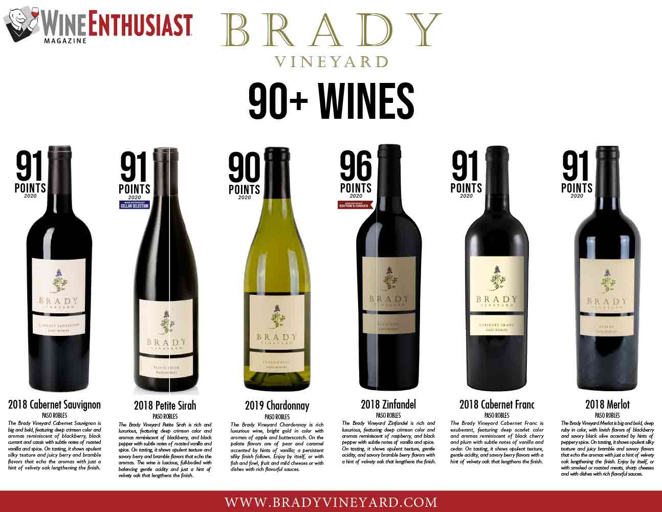 Brady Vineyards wine brand 90+ point wine sell sheet sample