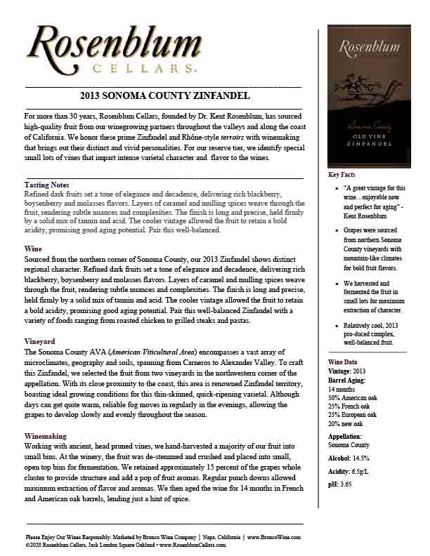 Rosenblum Cellars Zinfandel Sonoma County wine tech sheet sample