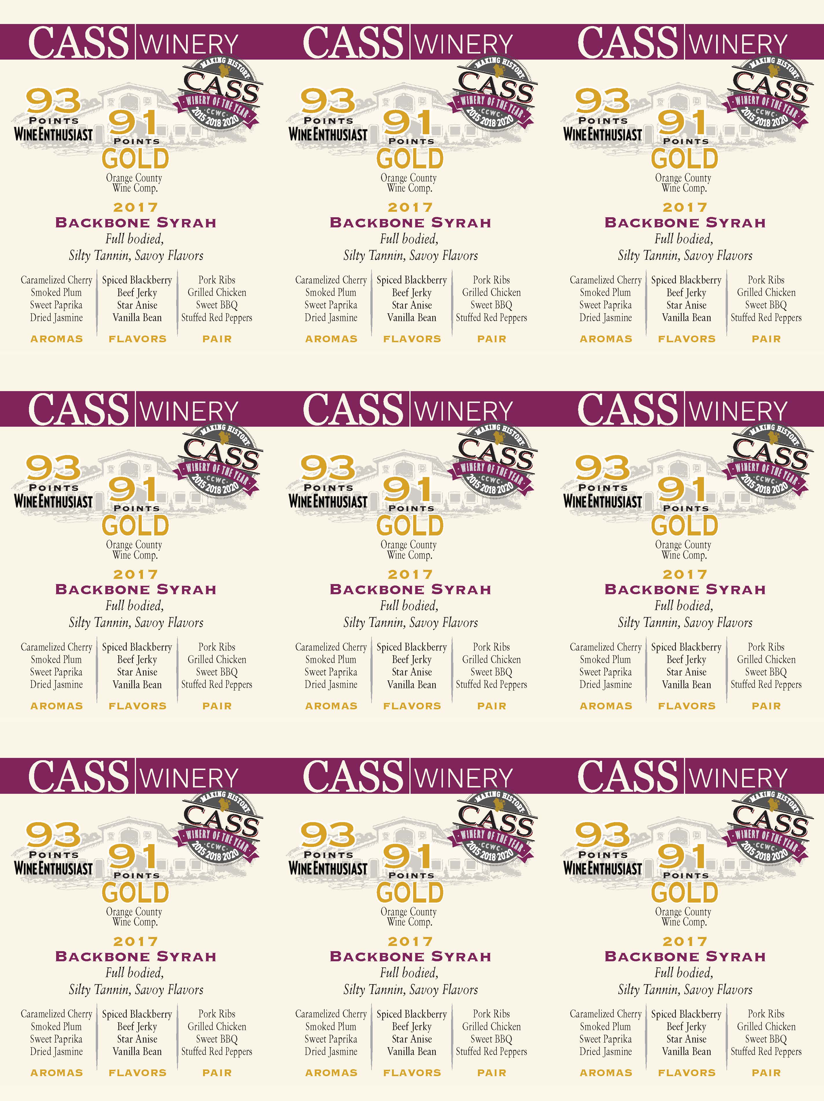 Cass Winery Backbone Syrah shelf talker sample