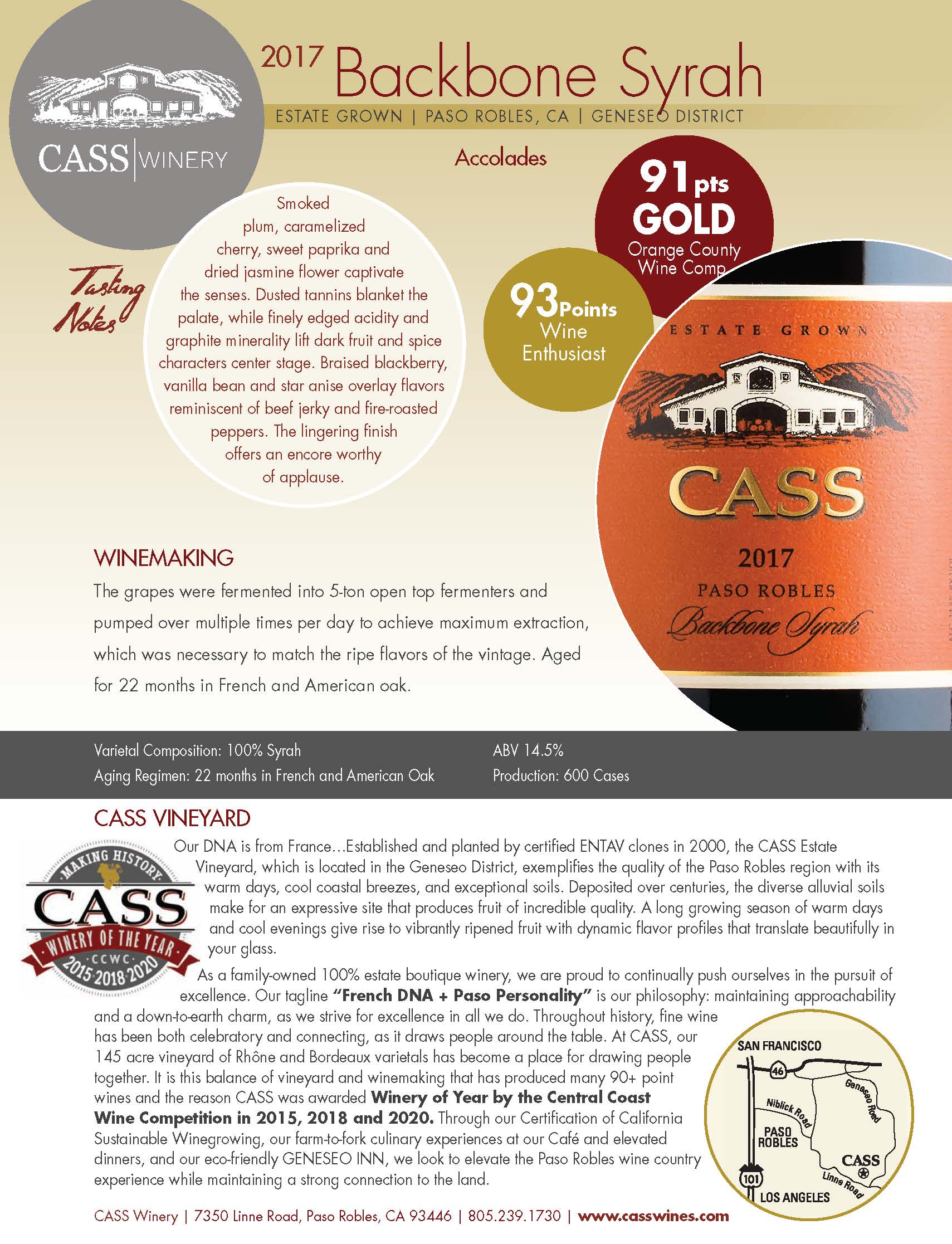 Cass Winery Backbone Syrah tech sheet sample