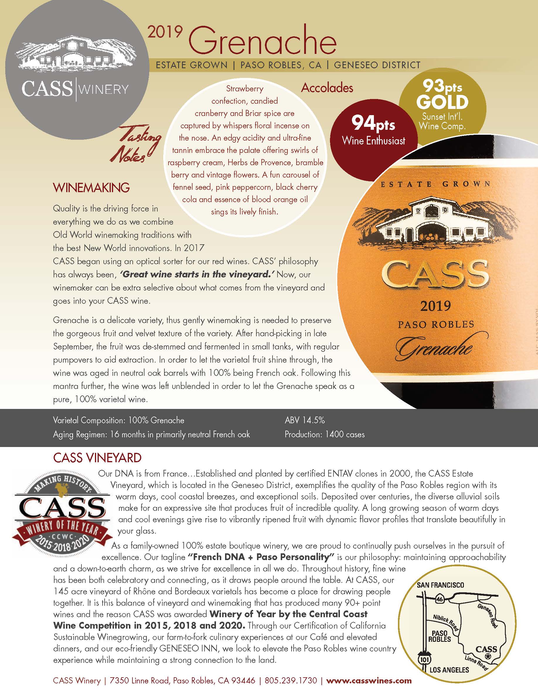 Cass Winery Grenache tech sheet sample