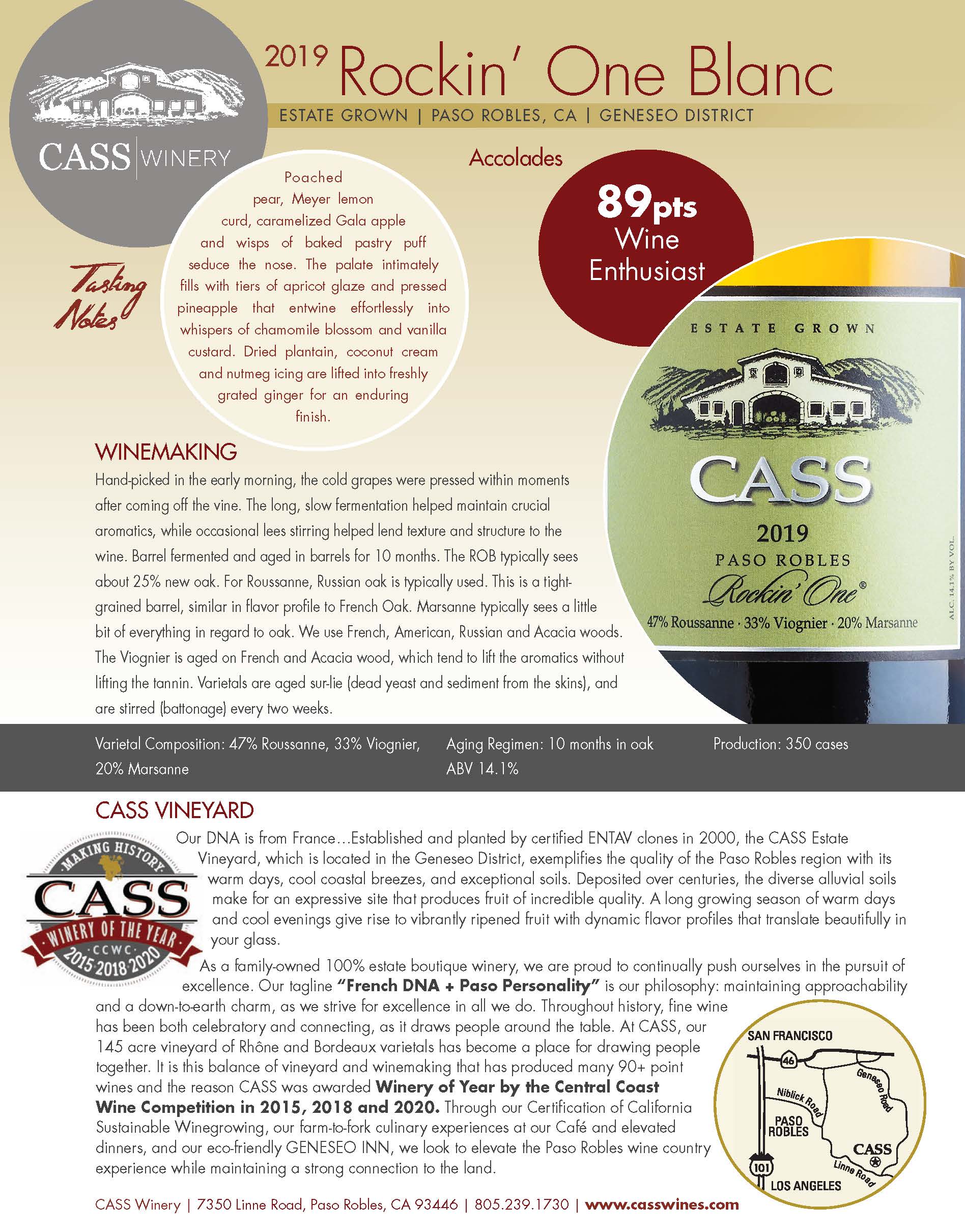Cass Winery Rockin One Blanc tech sheet sample