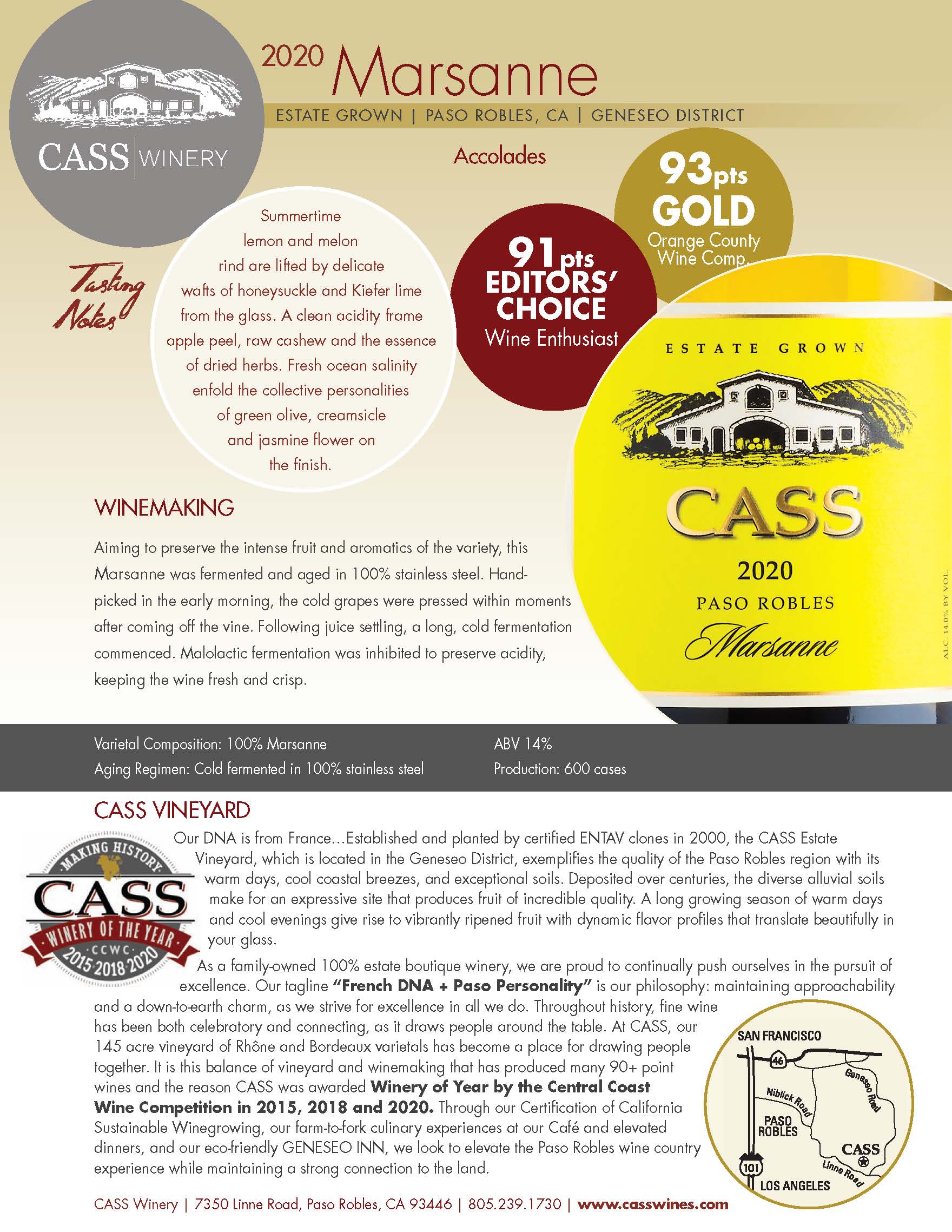 Cass Winery Marsanne tech sheet sample