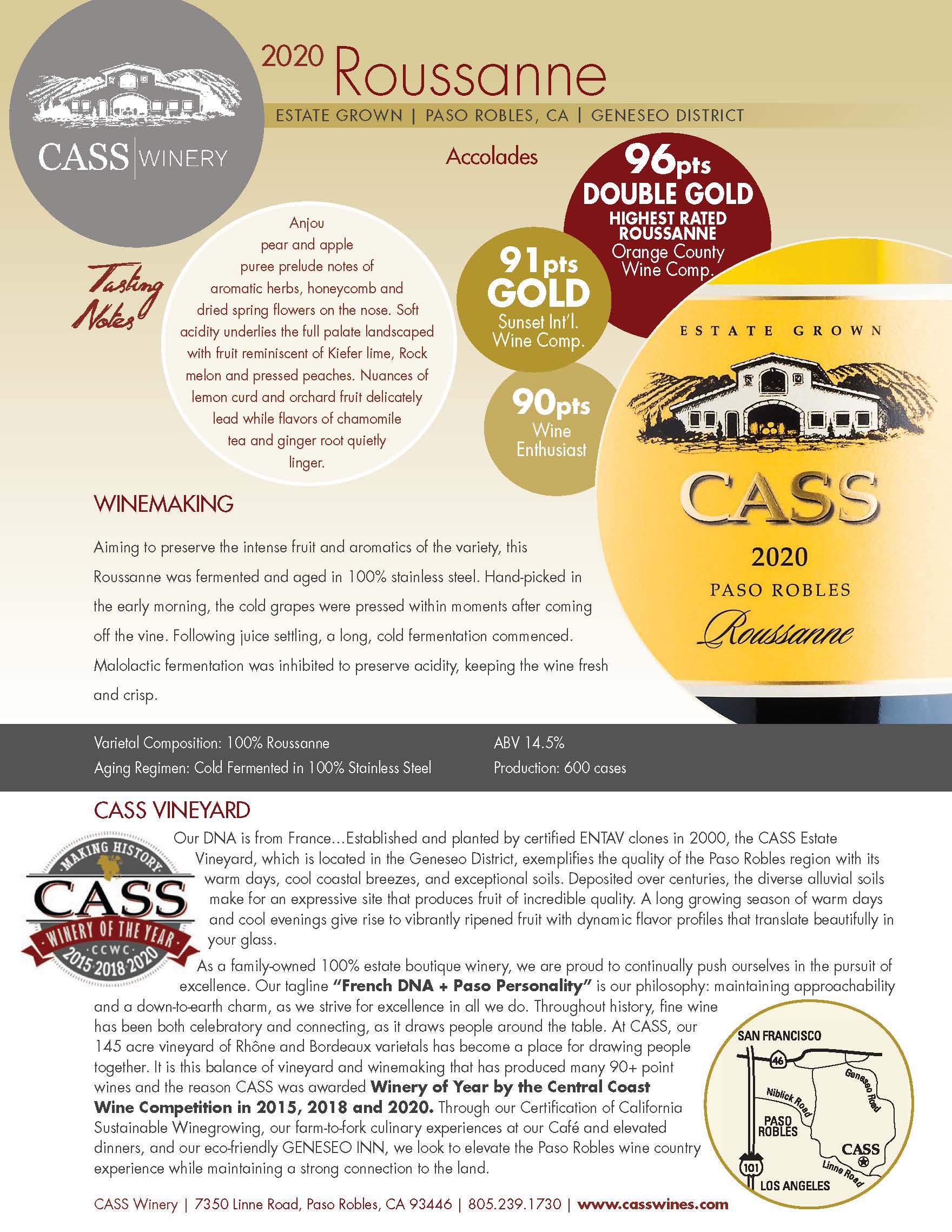 Cass Winery Roussanne tech sheet sample