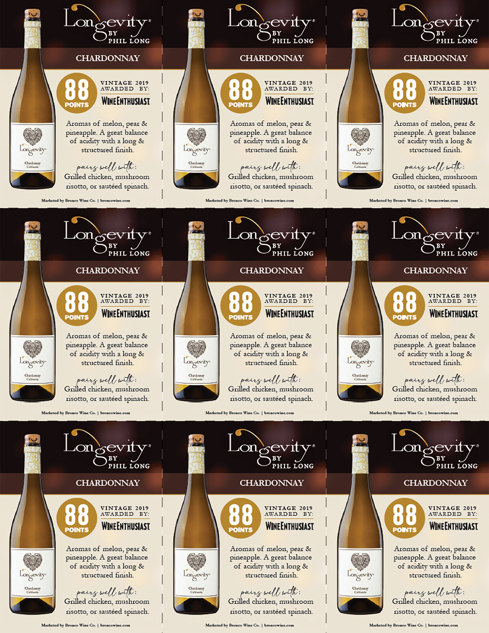 Longevity wine brand Chardonnay shelf talker sample