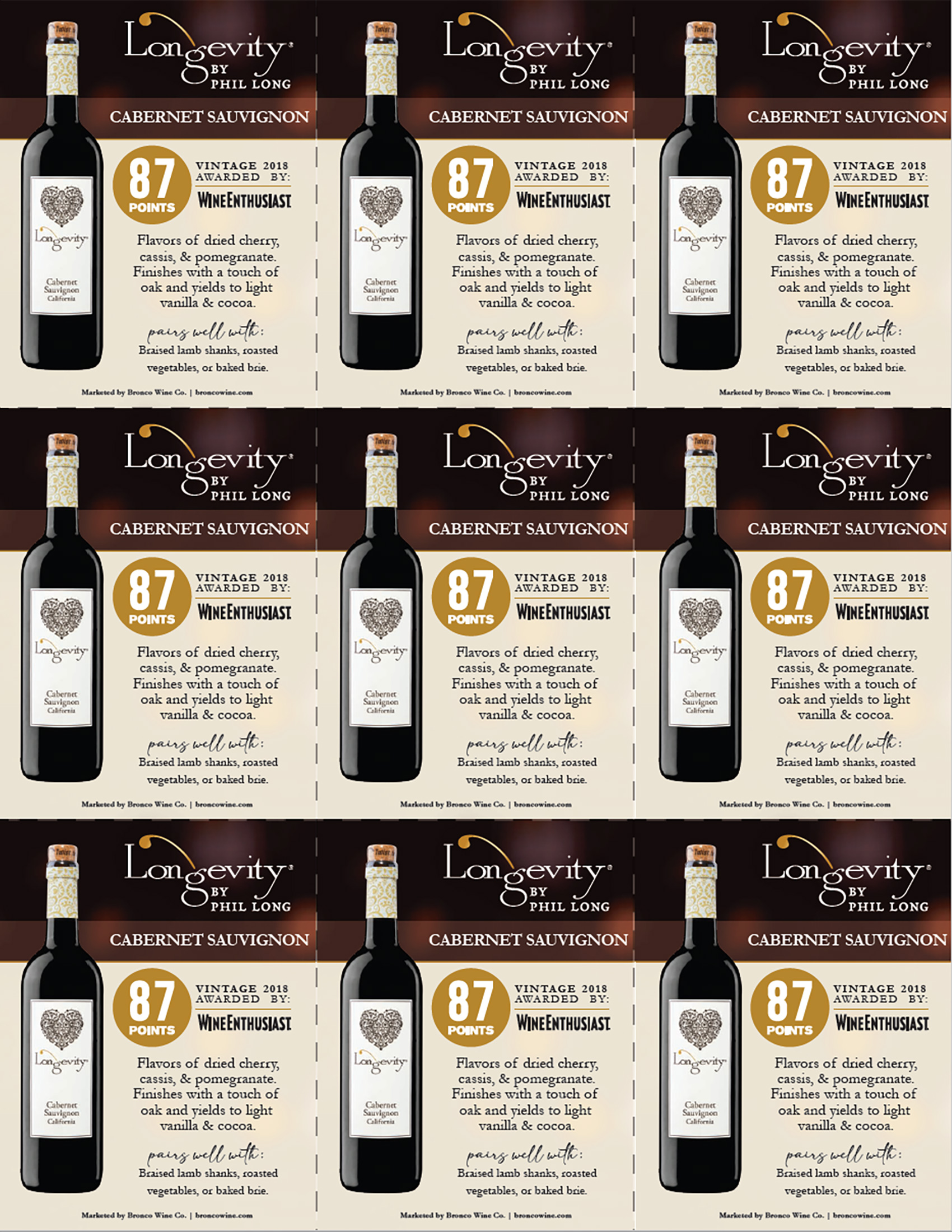 Longevity wine brand Cabernet Sauvignon shelf talker sample