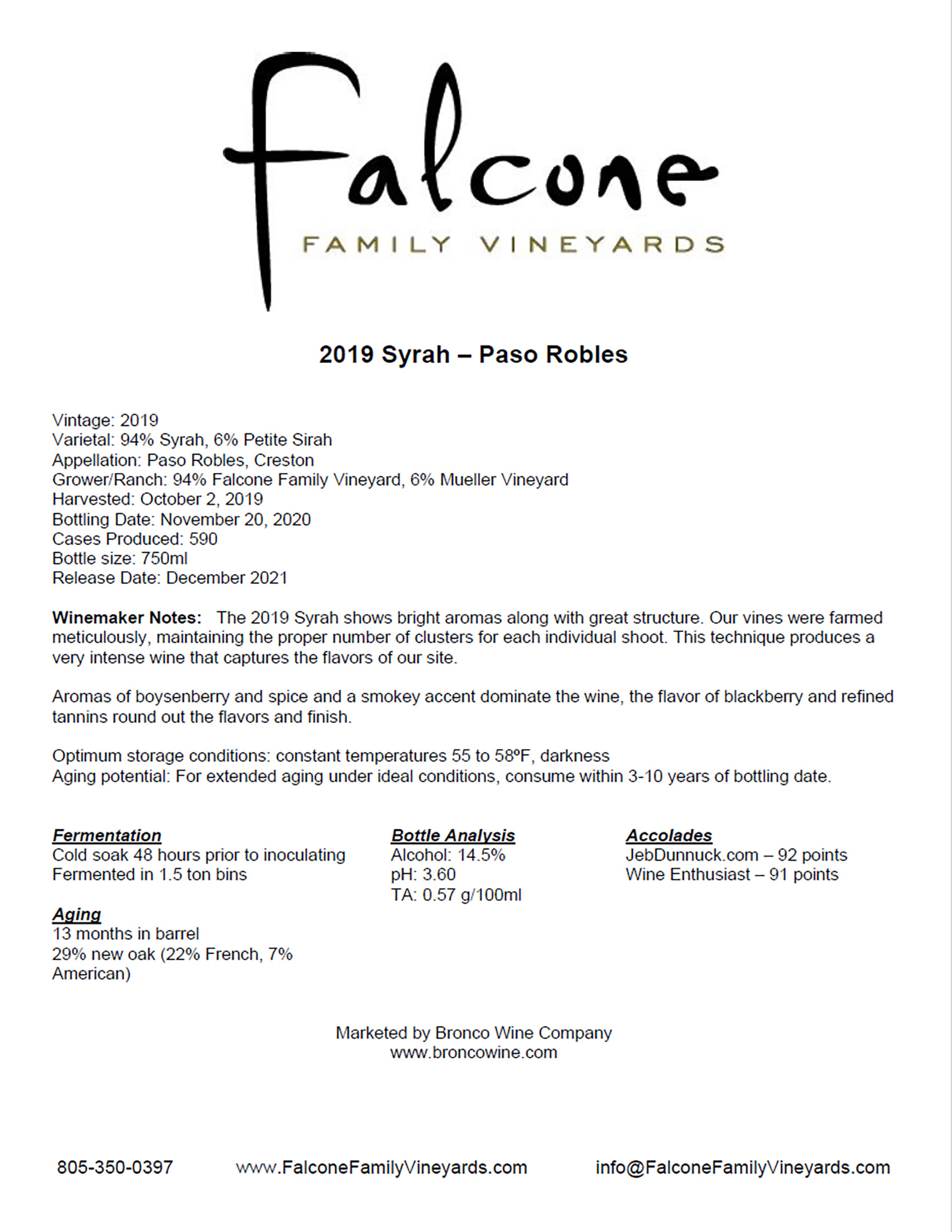 Falcone Family Vineyards Syrah tech sheet sample