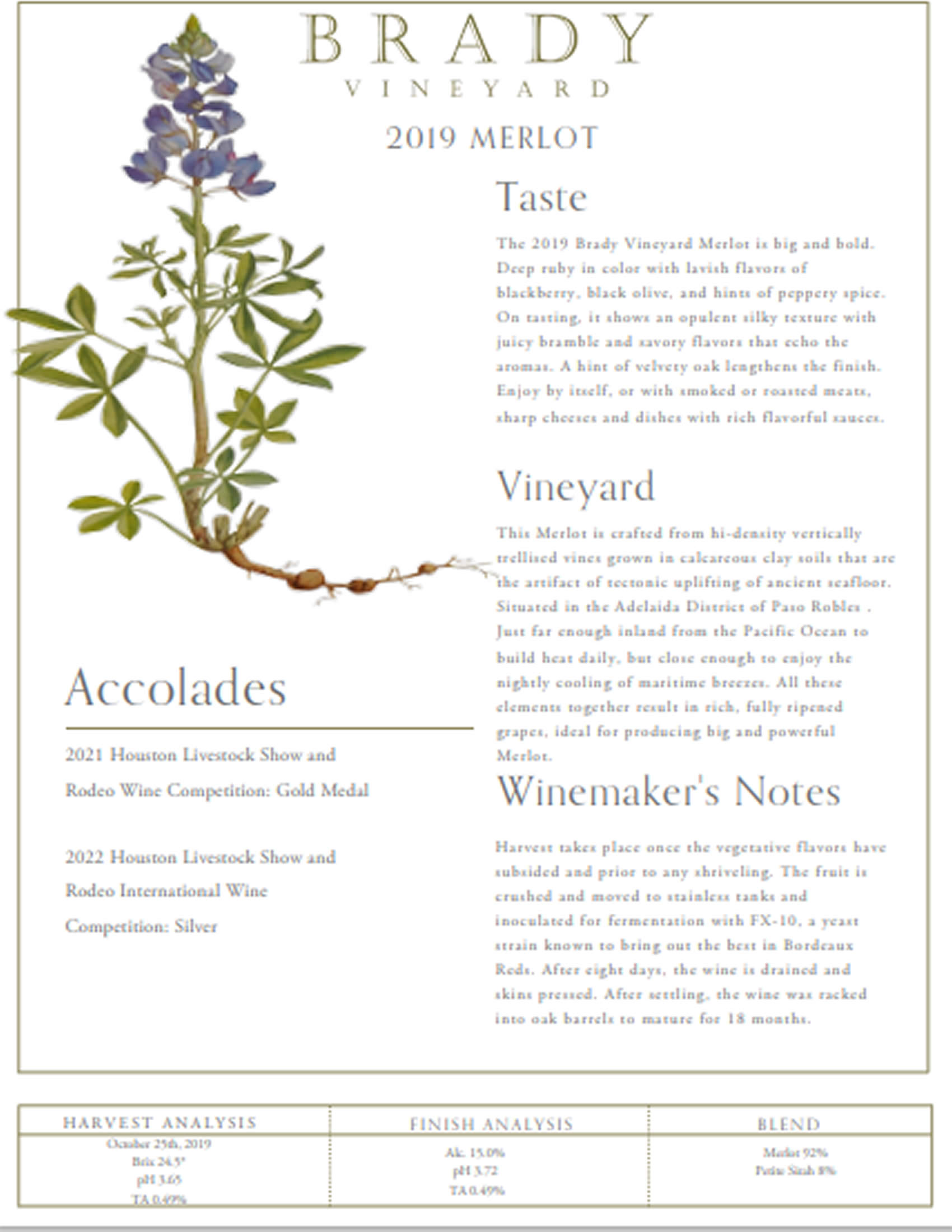 Brady Vineyards wine brand Merlot sell sheet sample