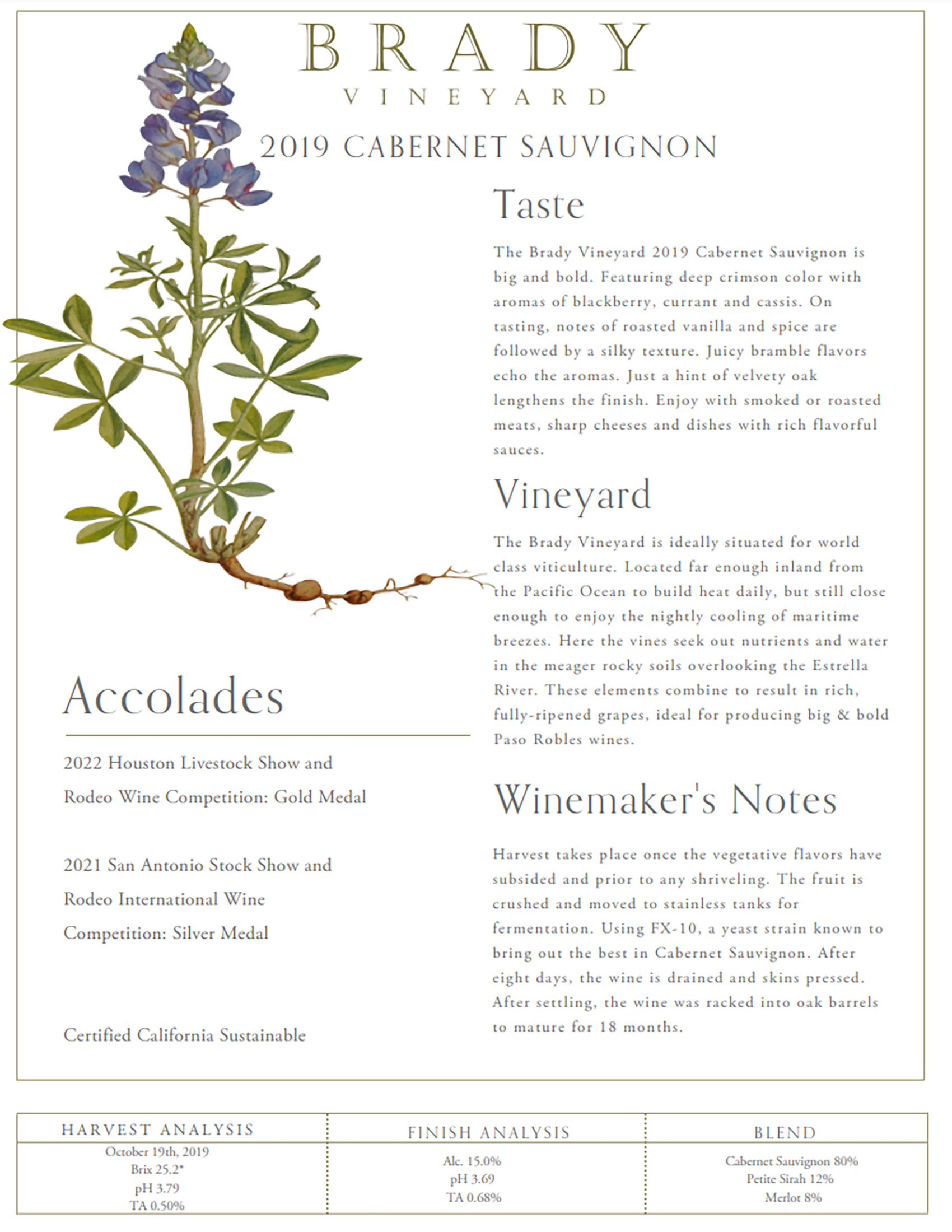 Brady Vineyards wine brand Cabernet Sauvignon tech sheet sample