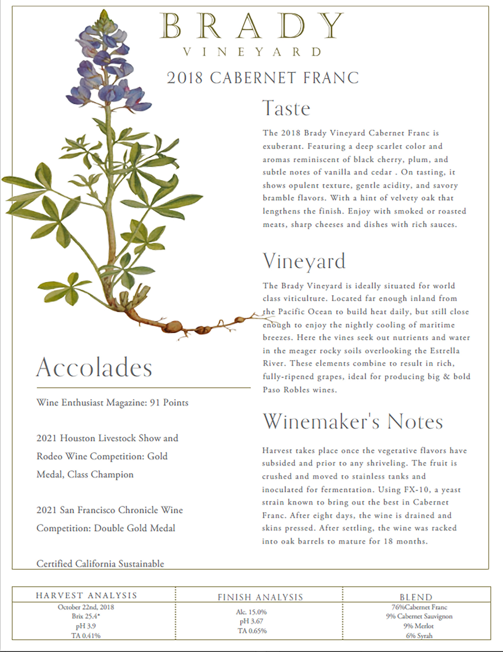 Brady Vineyards wine brand Cabernet Franc tech sheet sample