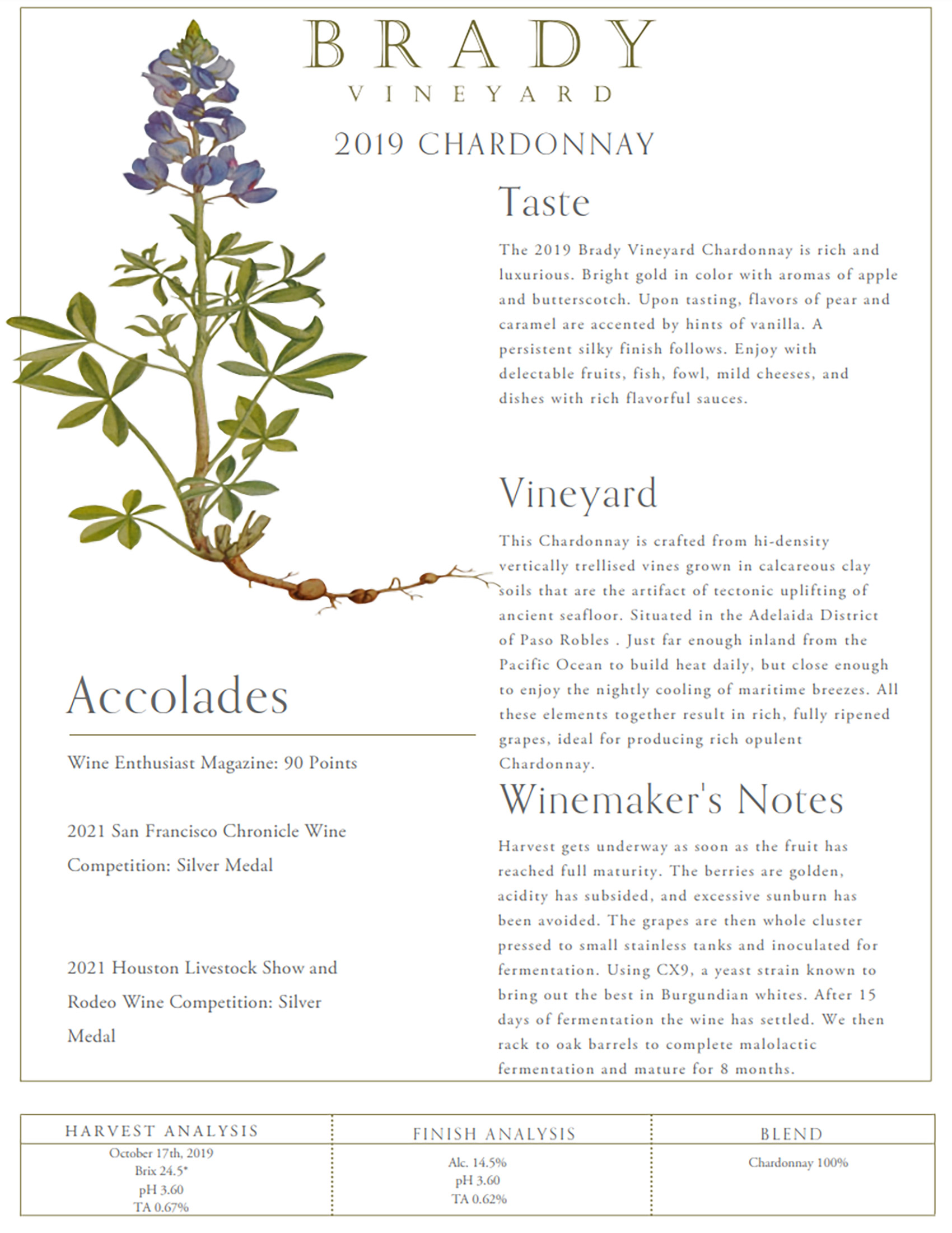 Brady Vineyards wine brand Chardonnay tech sheet sample