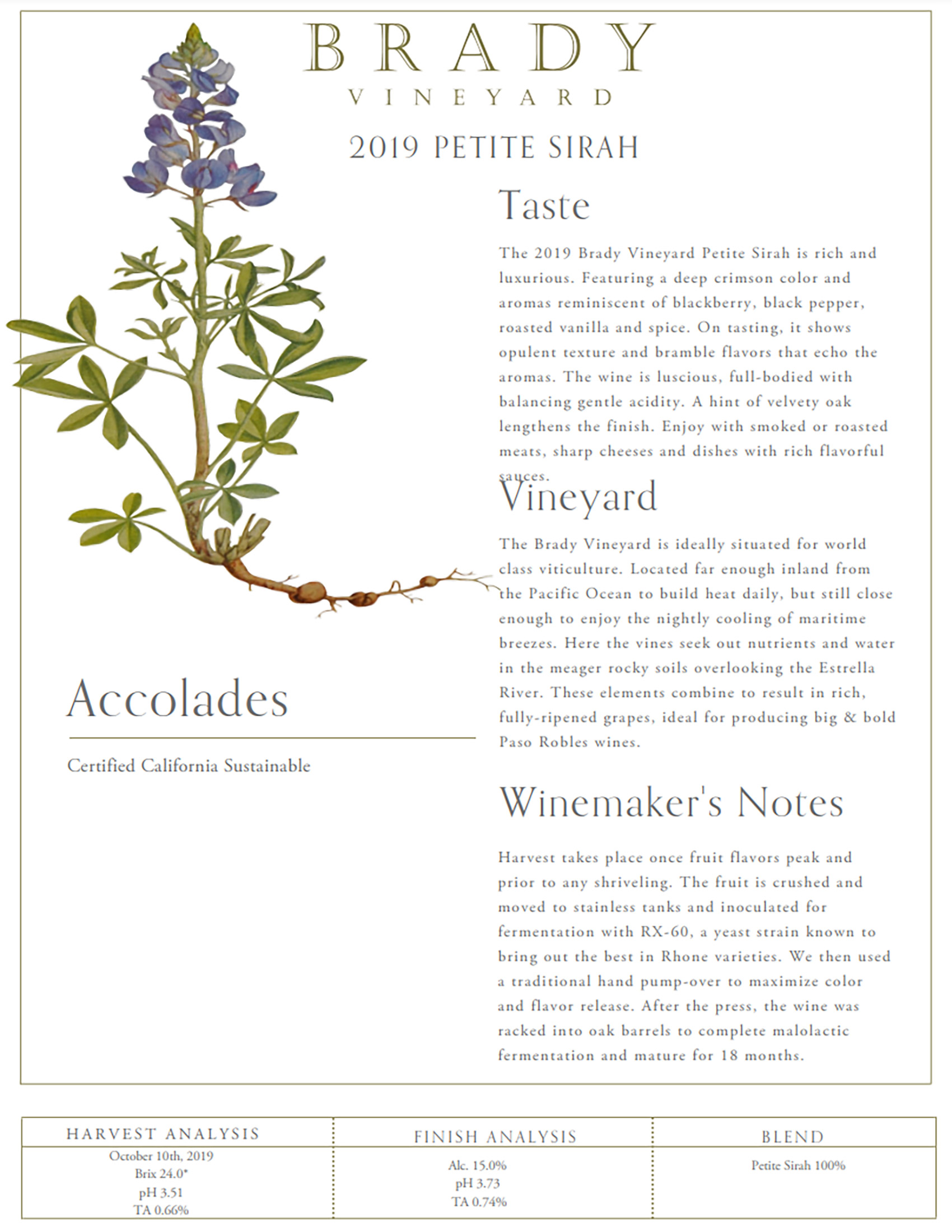 Brady Vineyards wine brand Petite Sirah tech sheet sample