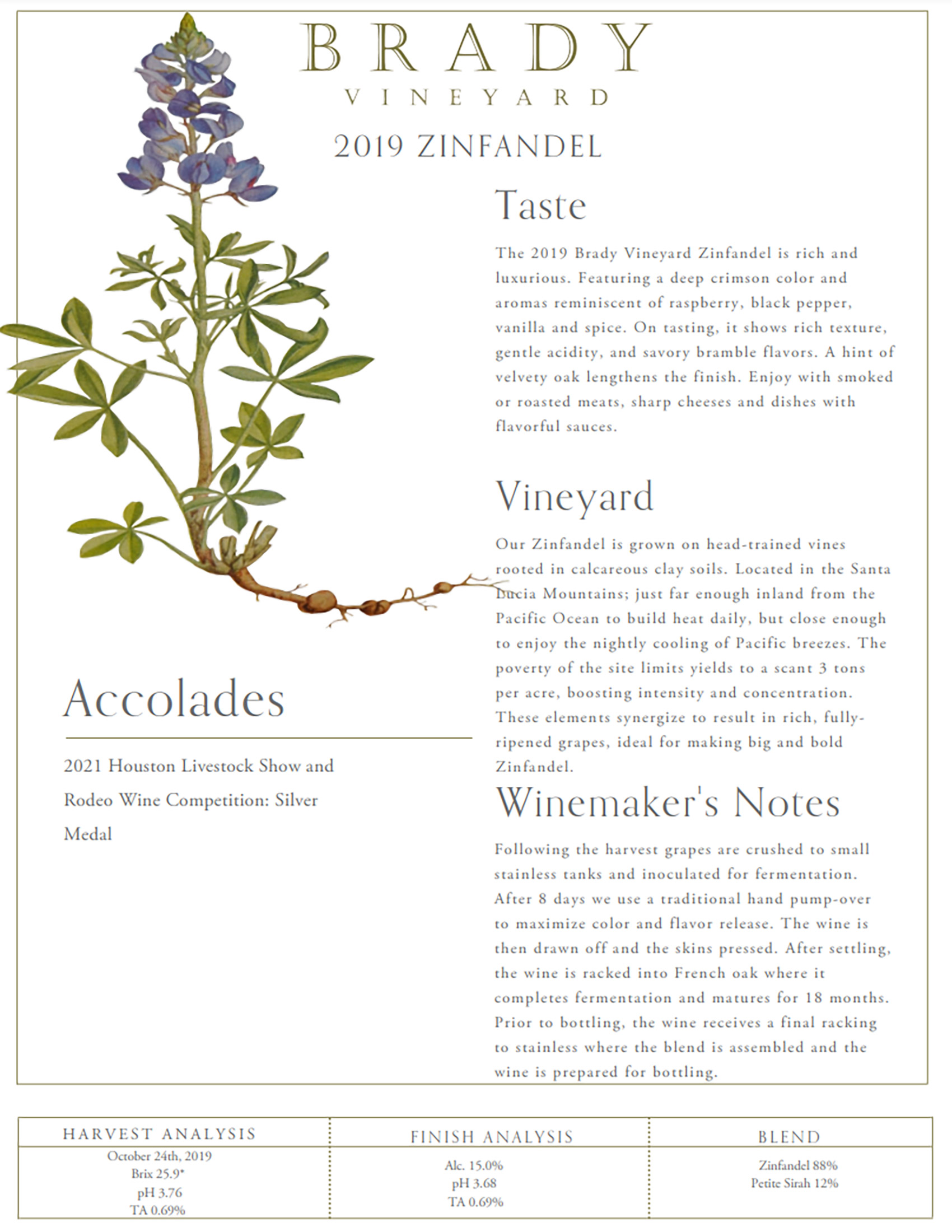 Brady Vineyards wine brand Zinfandel sell sheet sample