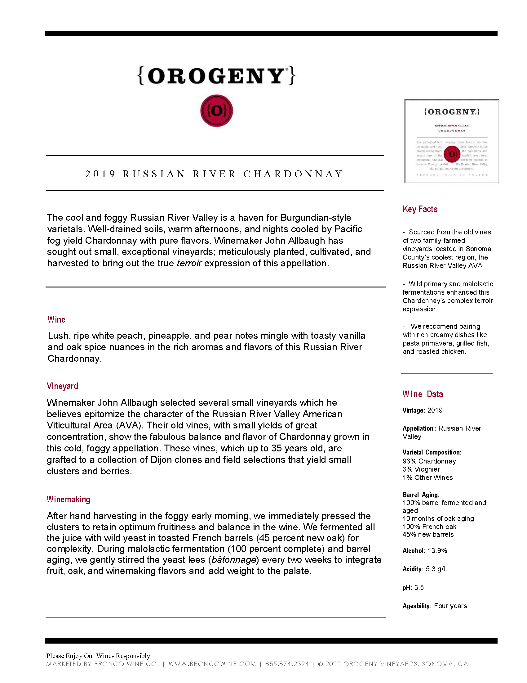 Orogeny Chardonnay wine tech sheet sample