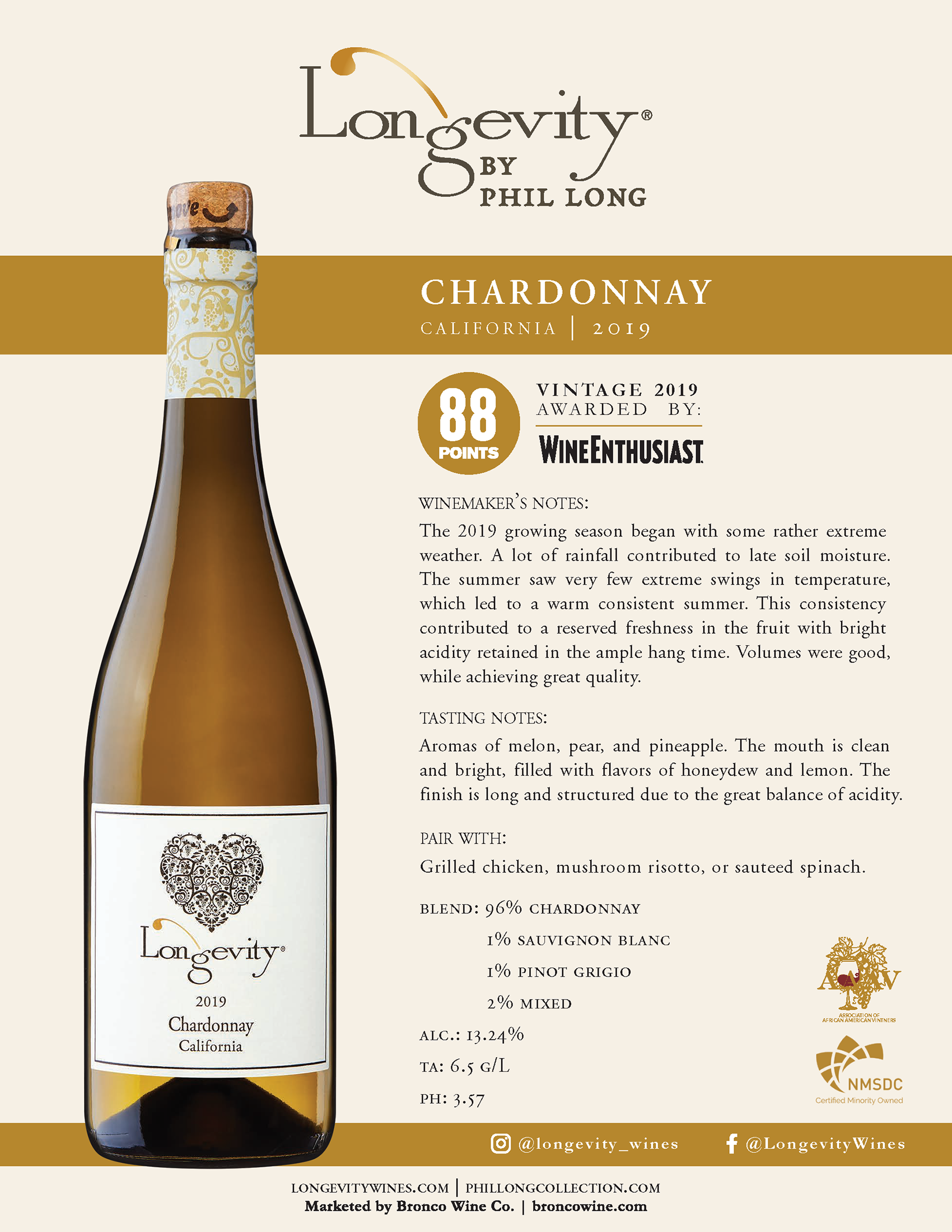 Longevity wine brand Chardonnay tech sheet sample