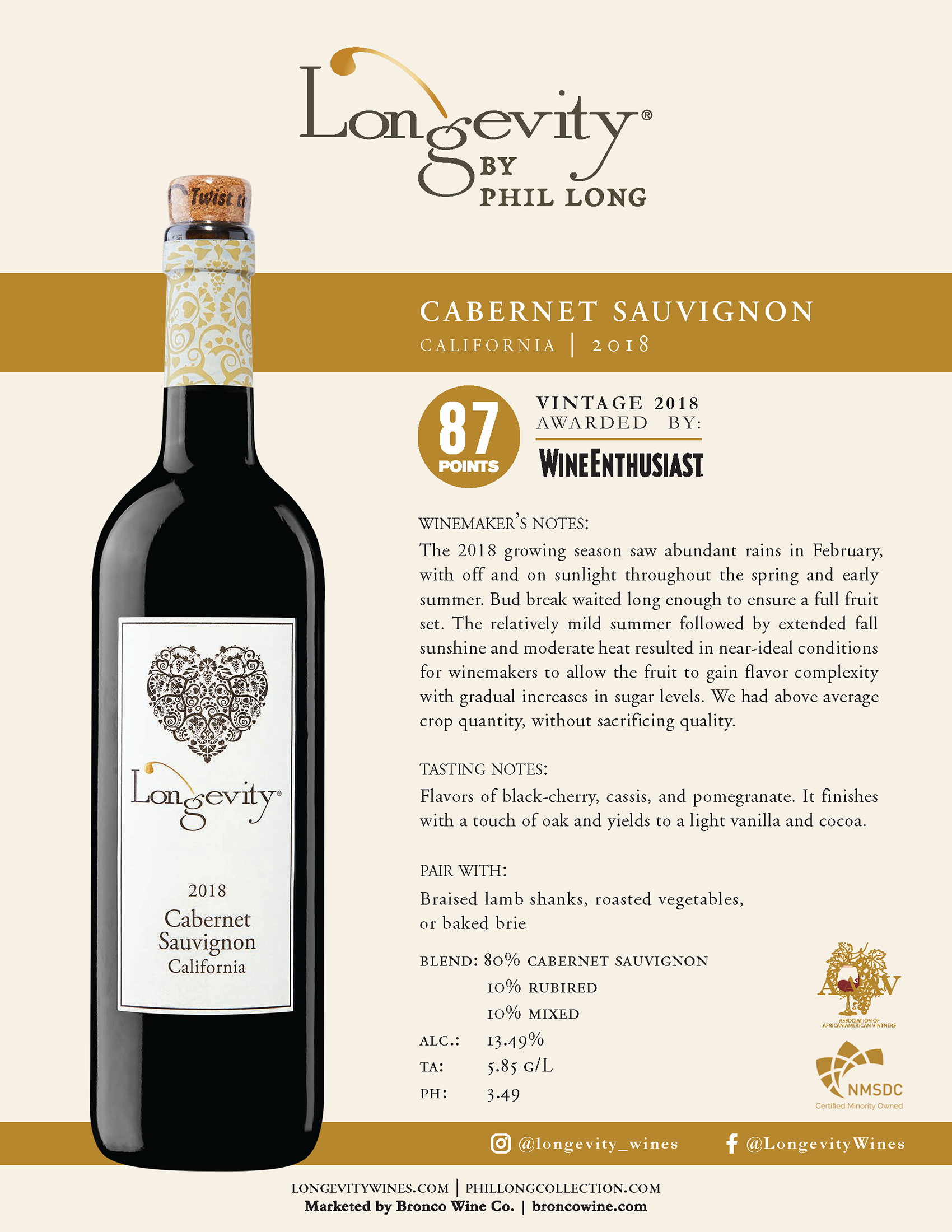 Longevity wine brand Cabernet Sauvignon tech sheet sample