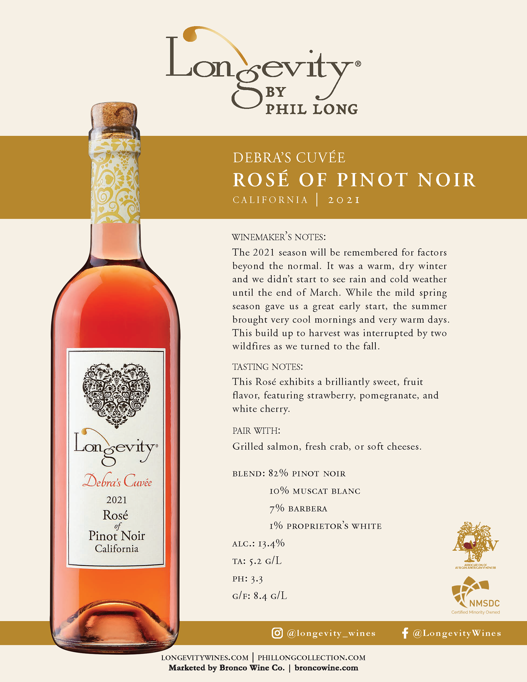 Longevity wine brand Rosé of Pinot Noir tech sheet sample