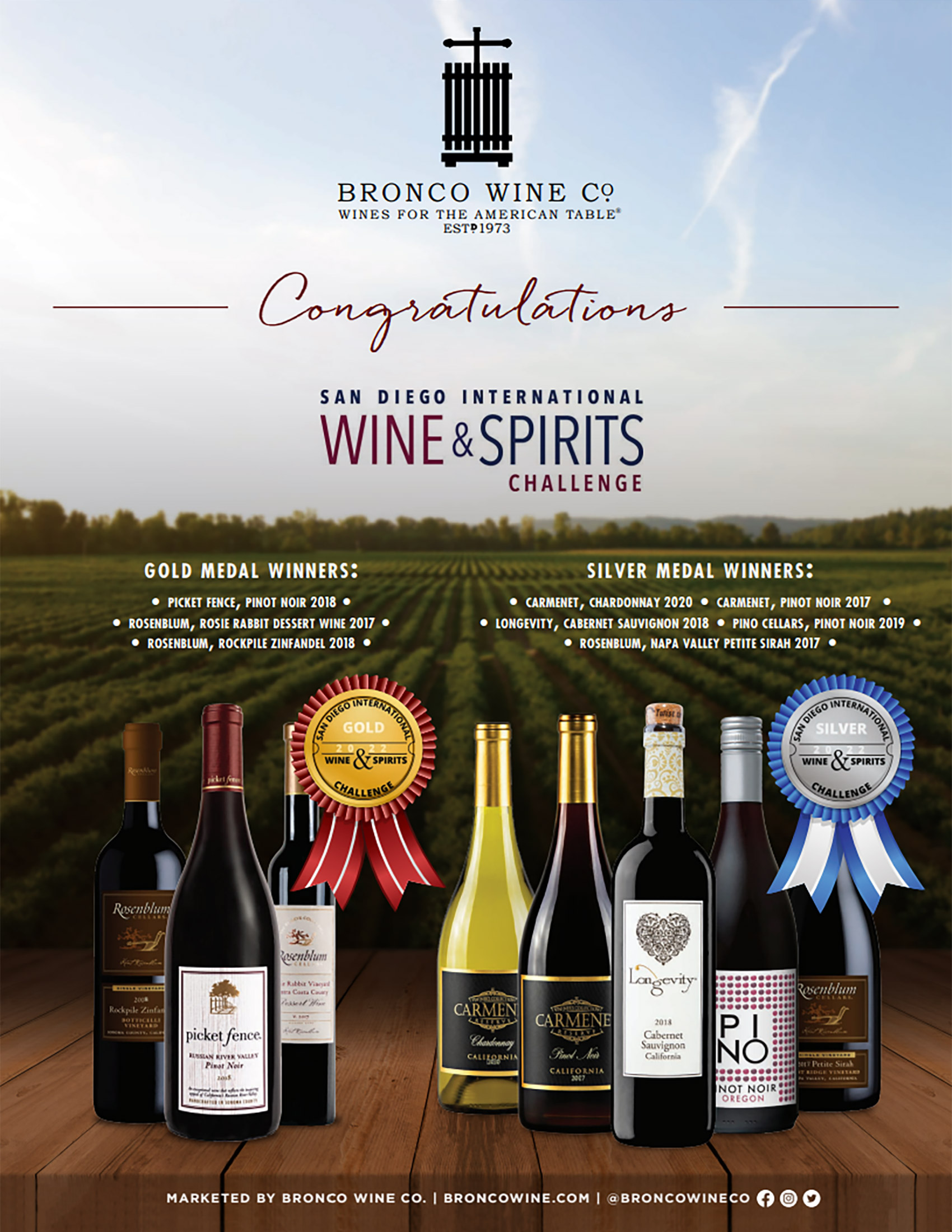 Sample of gold and silver medal winners from Bronco at the SD Int'l Wine & Spirits Challenge